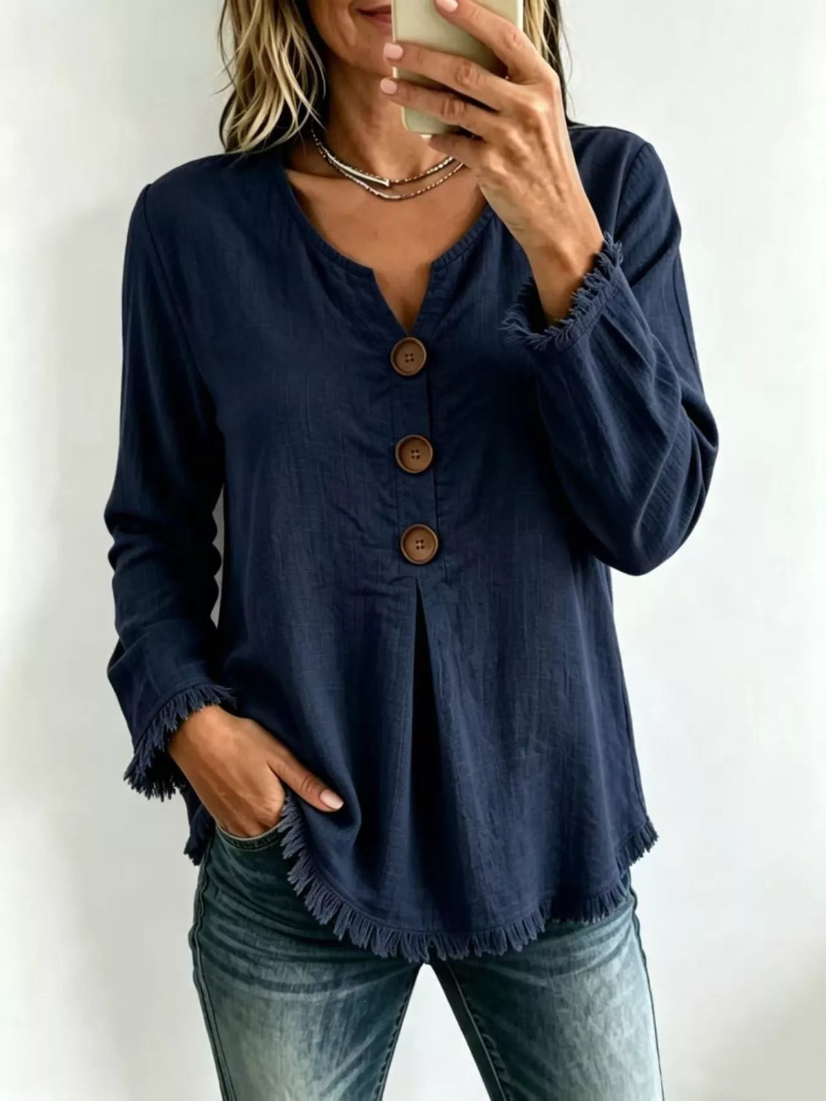 Full Size Casual Half-Button Blouse with Frayed Hem Detail Plus Size