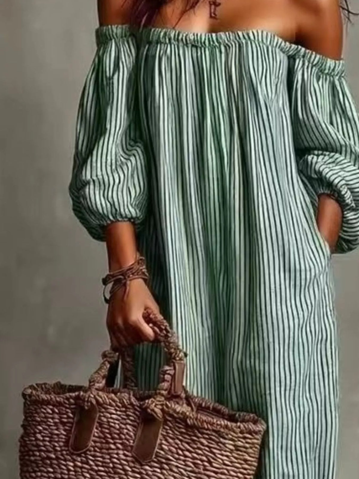 Full Size Off-Shoulder Striped Maxi Dress with Puff Sleeves Plus Size