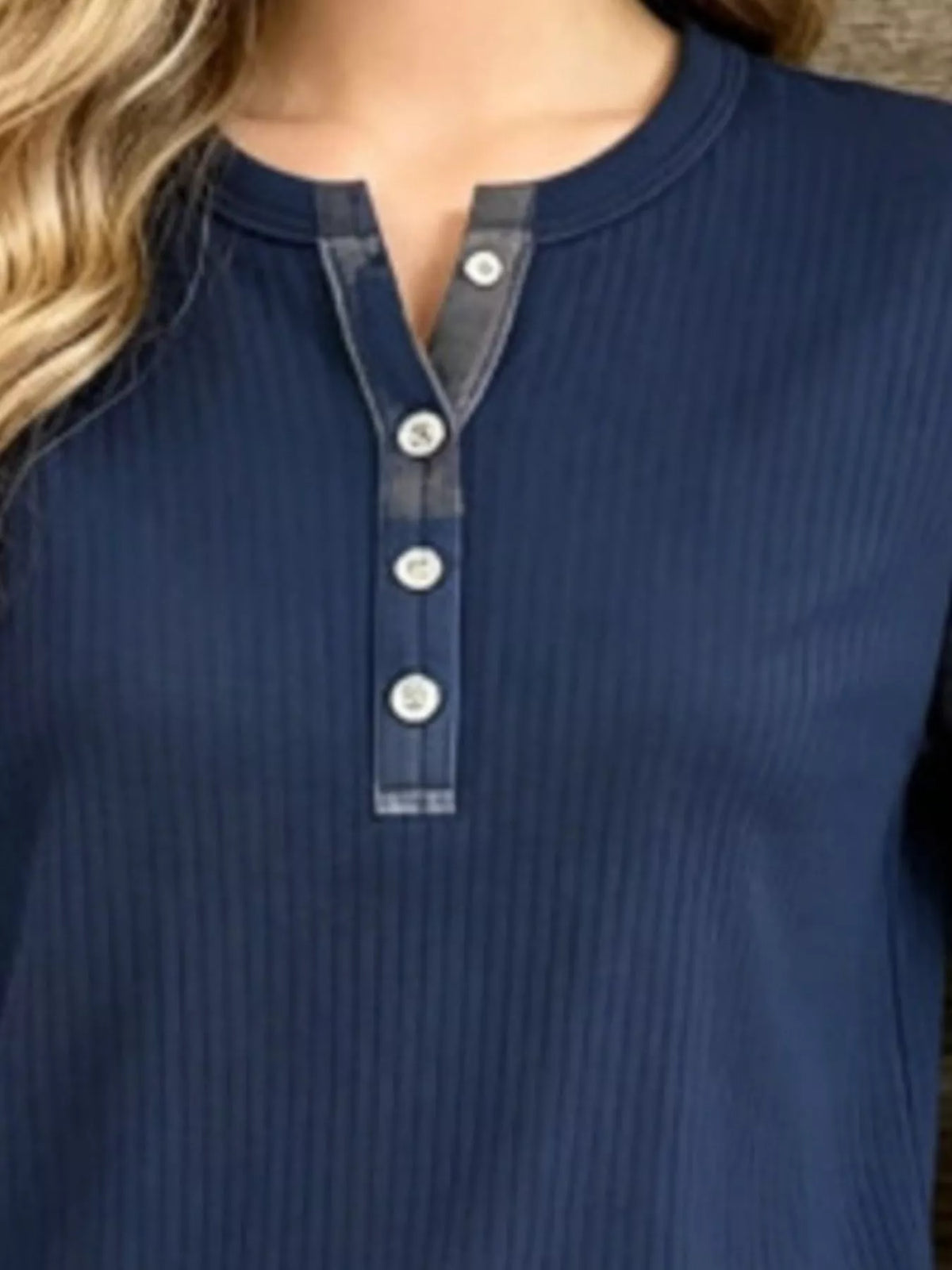 Full Size Ribbed Knit Henley T-Shirt with Plaid Contrast Sleeves Plus Size