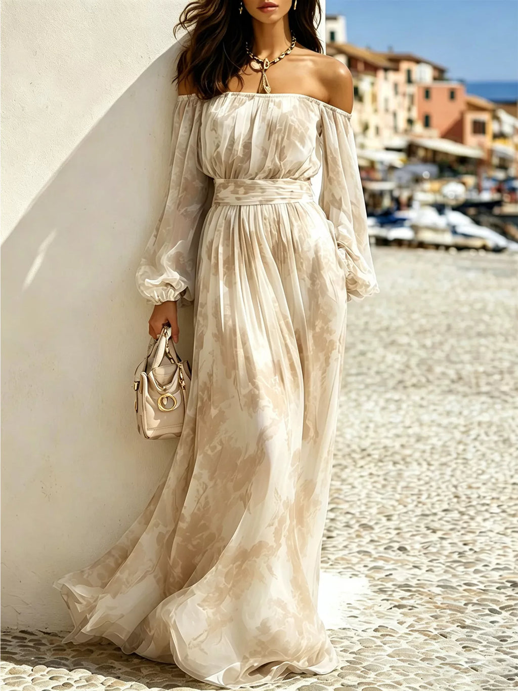 Off-Shoulder Balloon Sleeves Maxi Dress