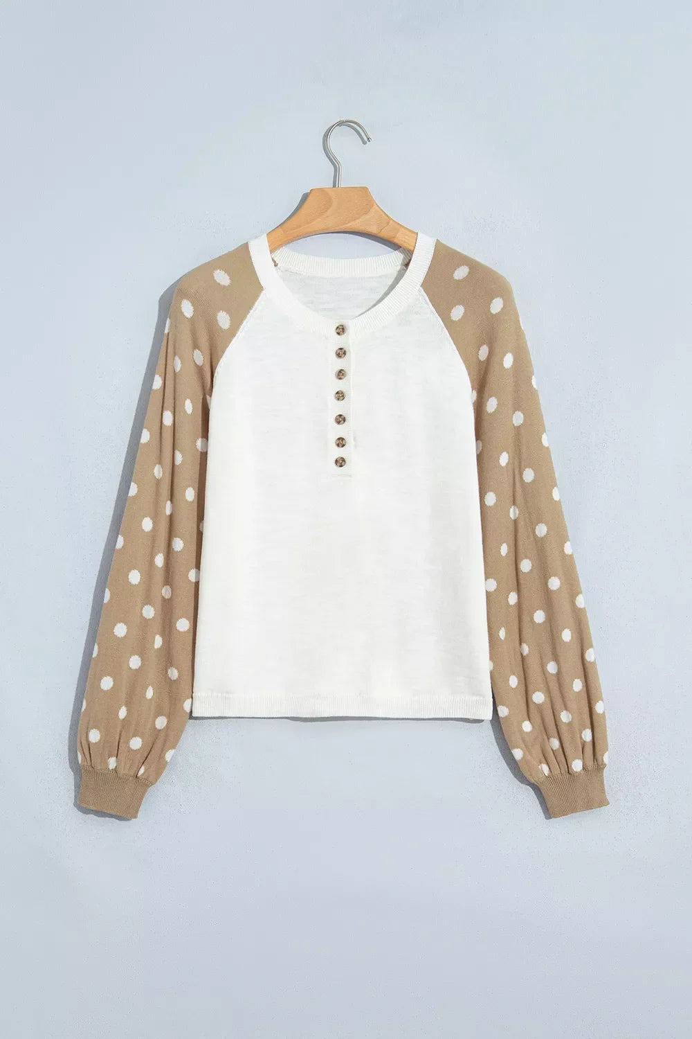 Polka Dot Contrast Long Sleeve Button V Neck Sweater