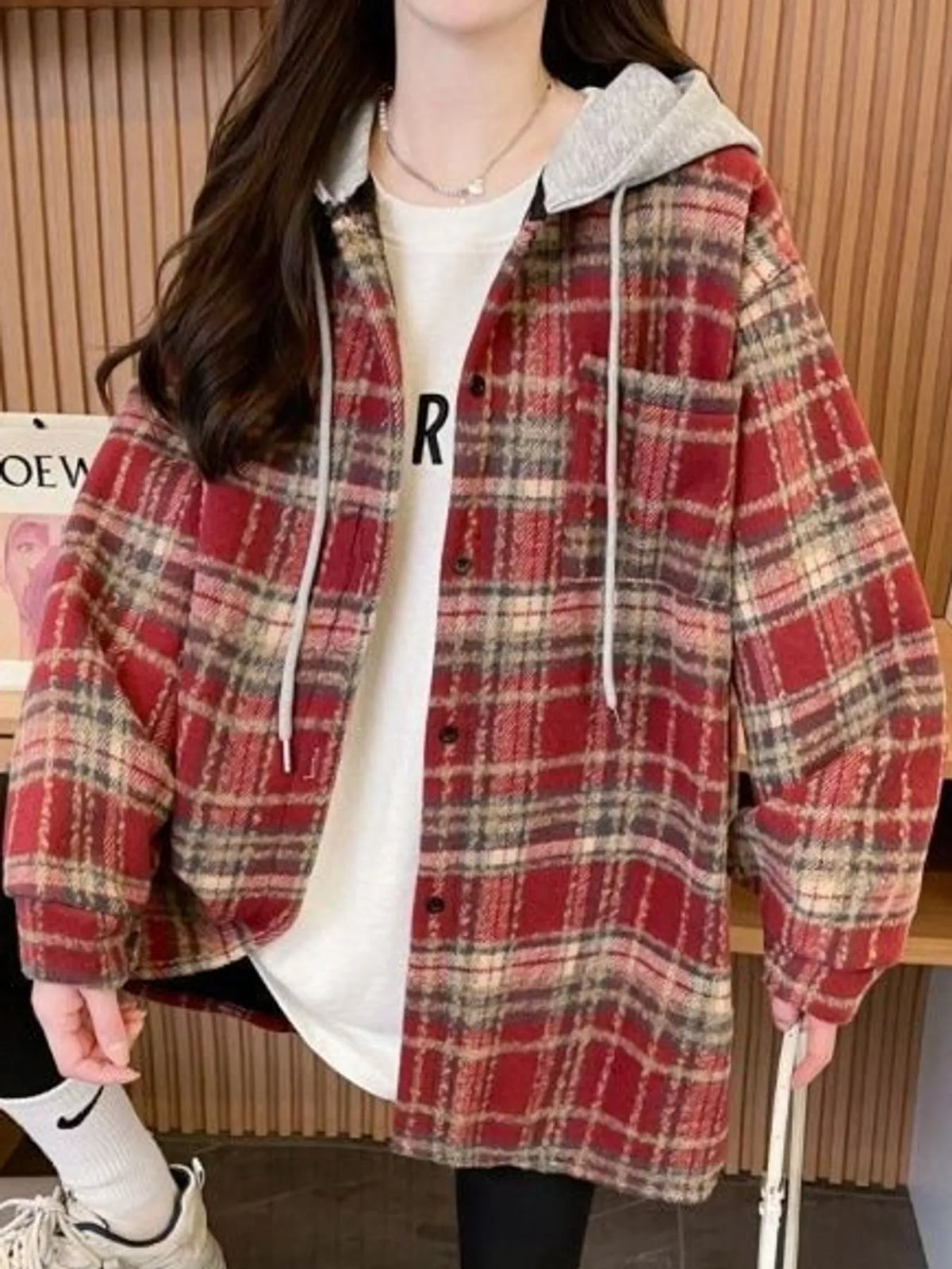 Plaid Button Up Hooded Shacket