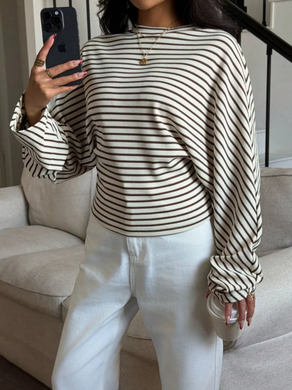 Casual Striped Long Sleeve Batwing T-Shirt