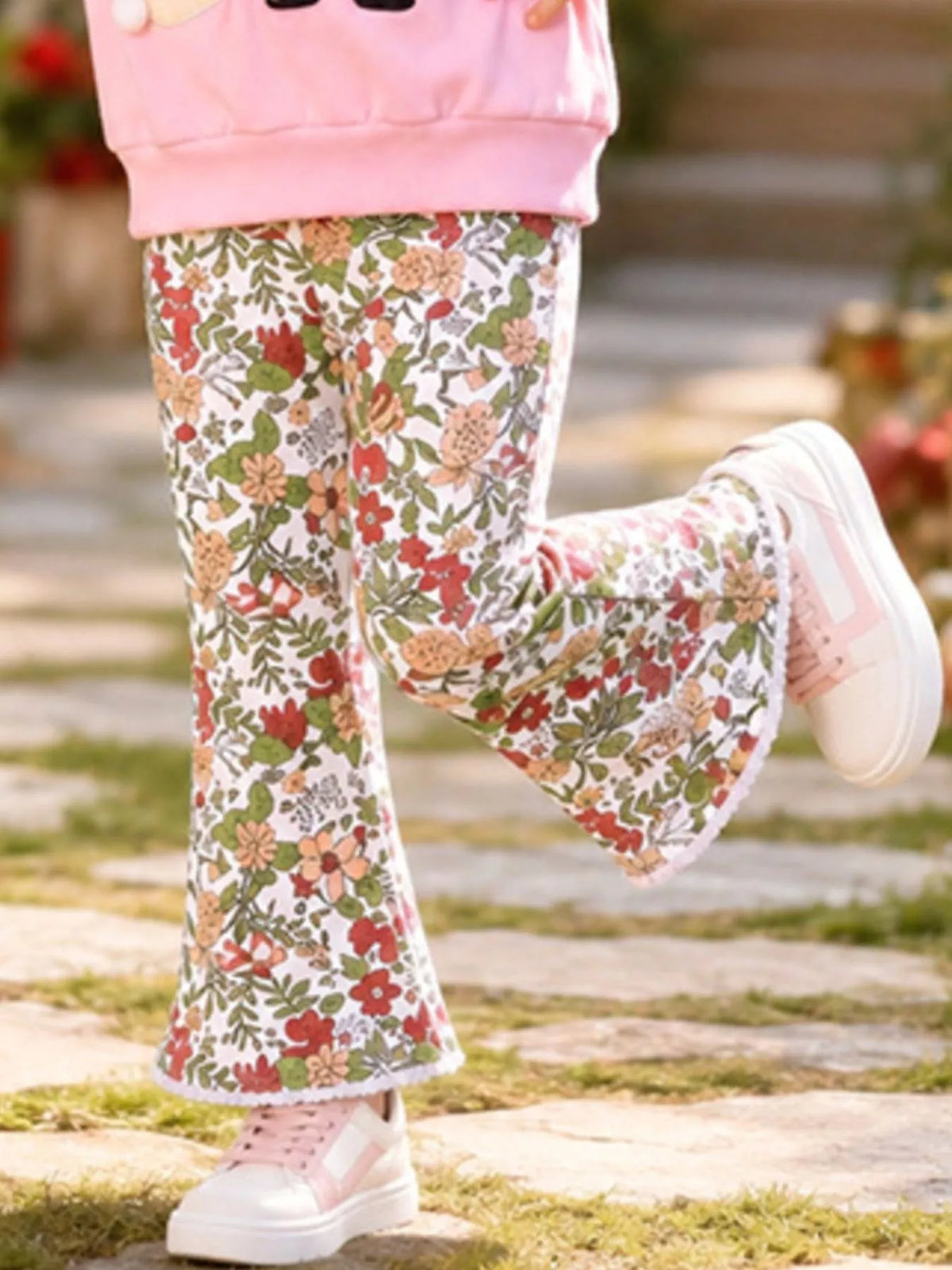 Children's Christmas Santa Graphic Sweatshirt and Floral Flare Pants Set