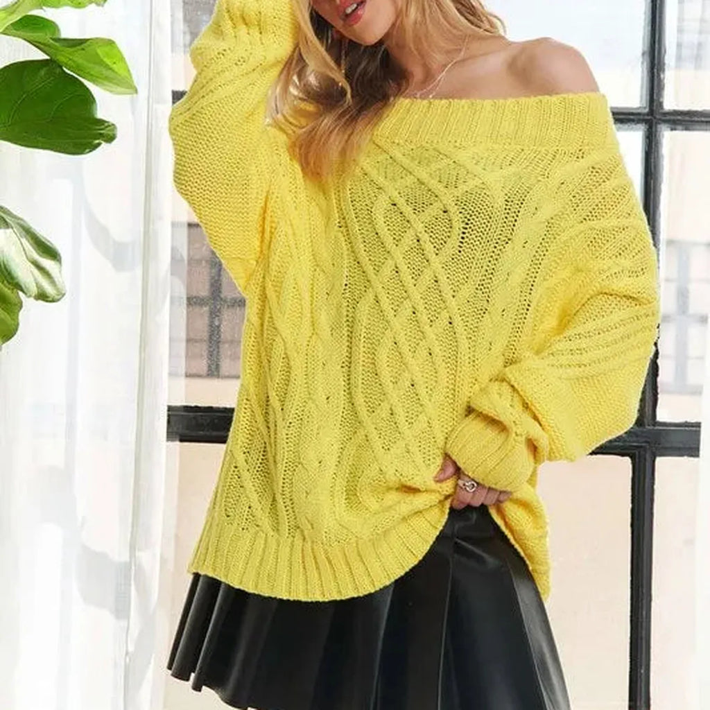 Off-Shoulder Cable Knit Oversized Sweater