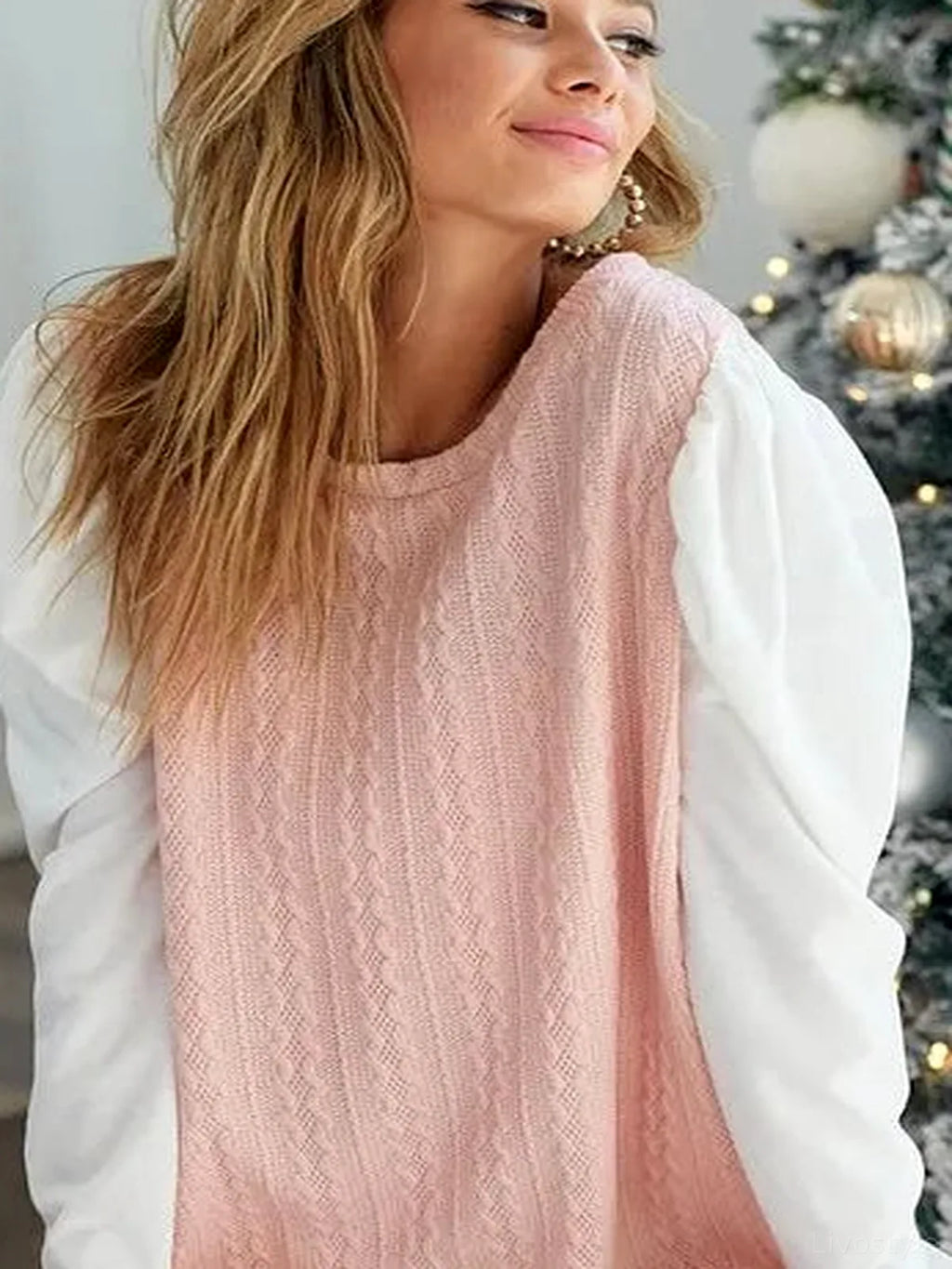 Contrast Puff Sleeve Cable Knit Pullover Sweater