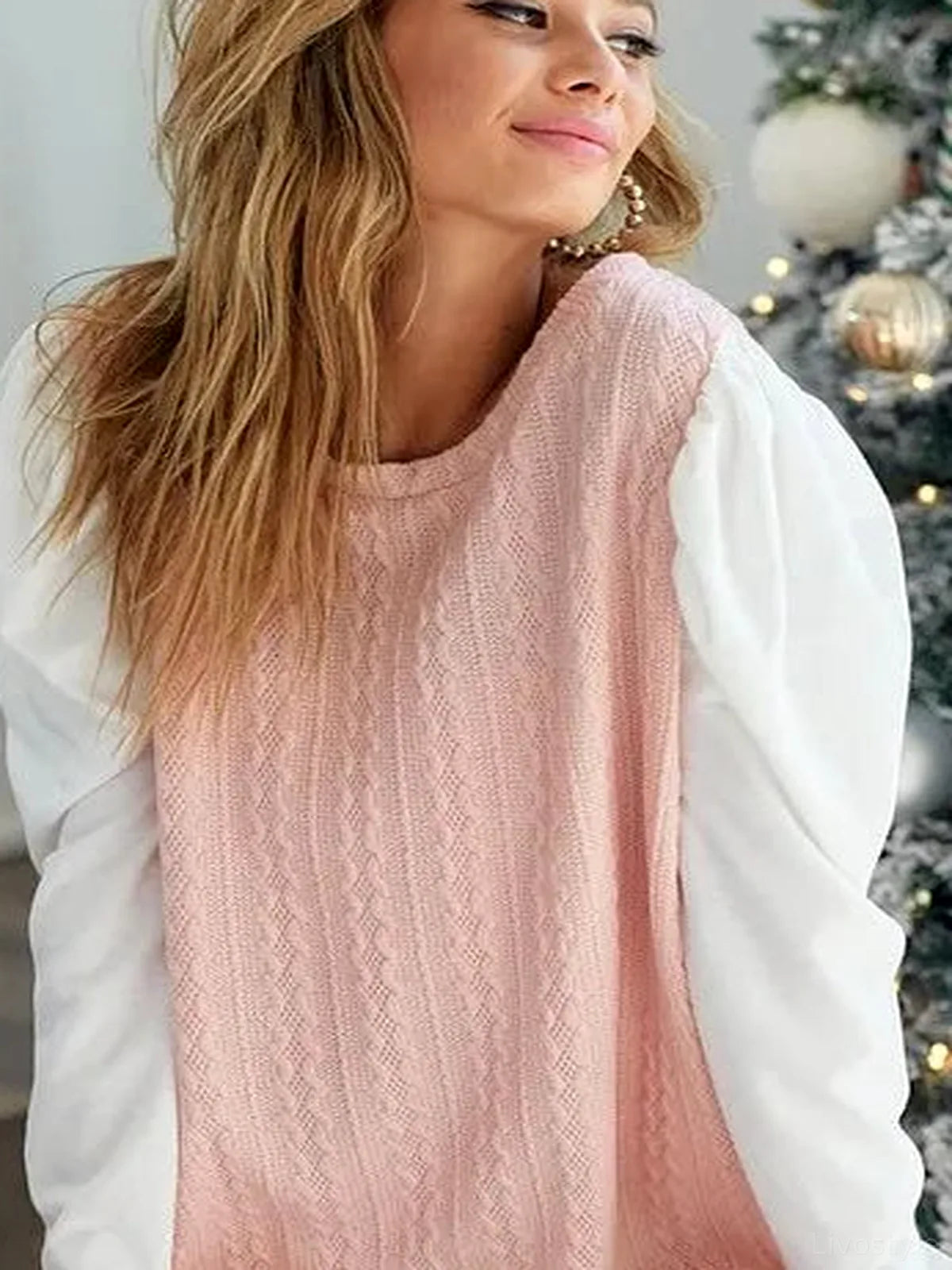 Contrast Puff Sleeve Cable Knit Pullover Sweater