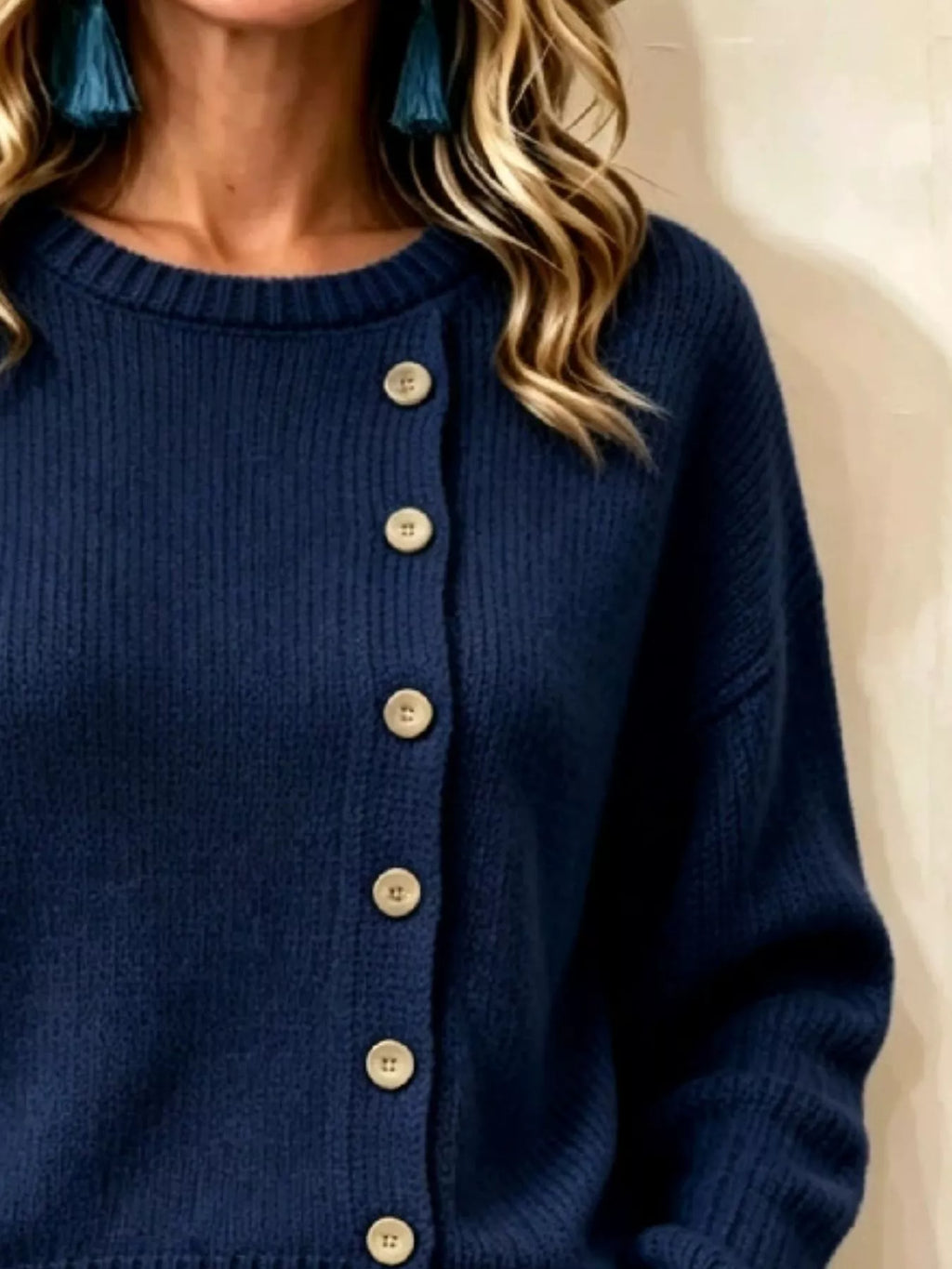 Decorative Button Dropped Shoulder Sweater