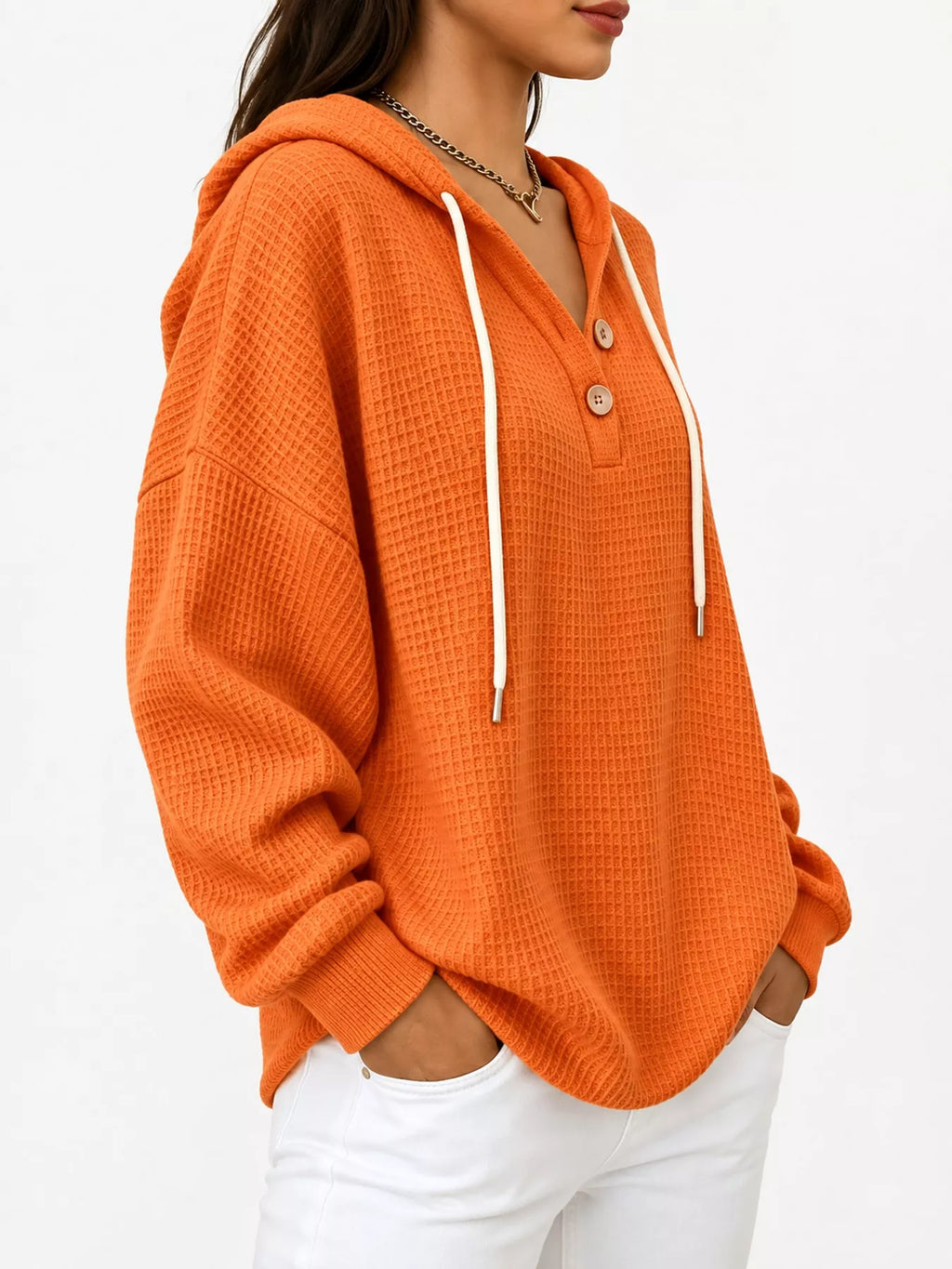 Full Size Waffle Knit Button Detail Hoodie Plus Size