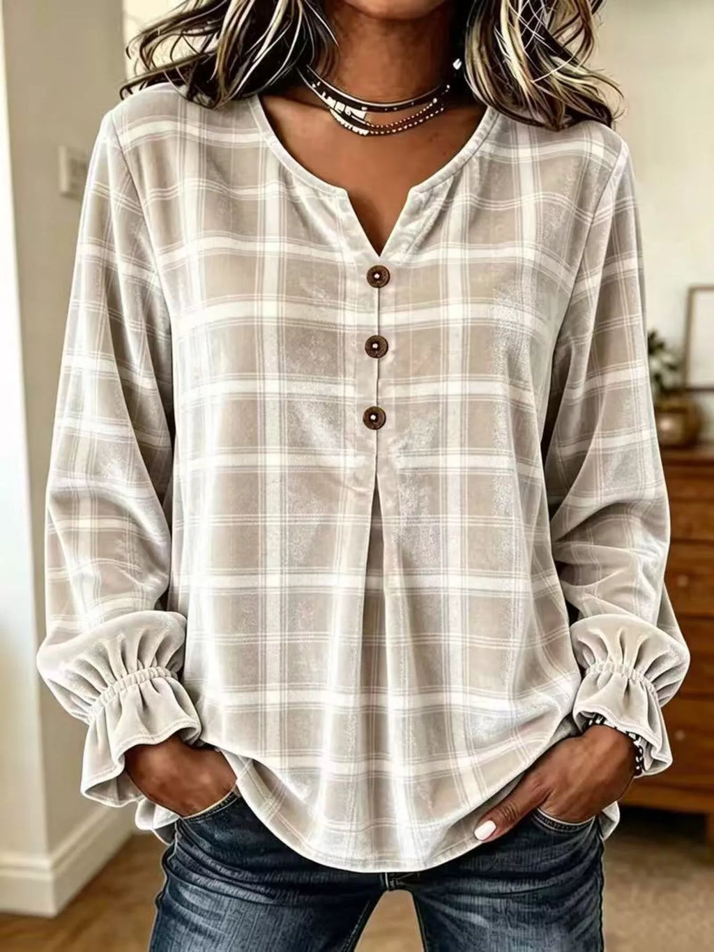 Full Size Plaid Velvet Flounce Sleeve Blouse Plus Size
