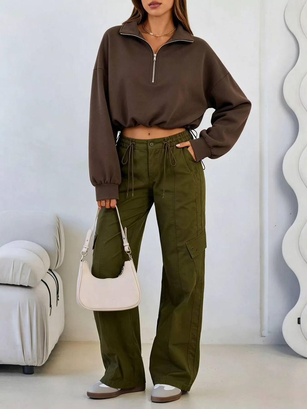 Half Zip Drawstring Hem Sweatshirt