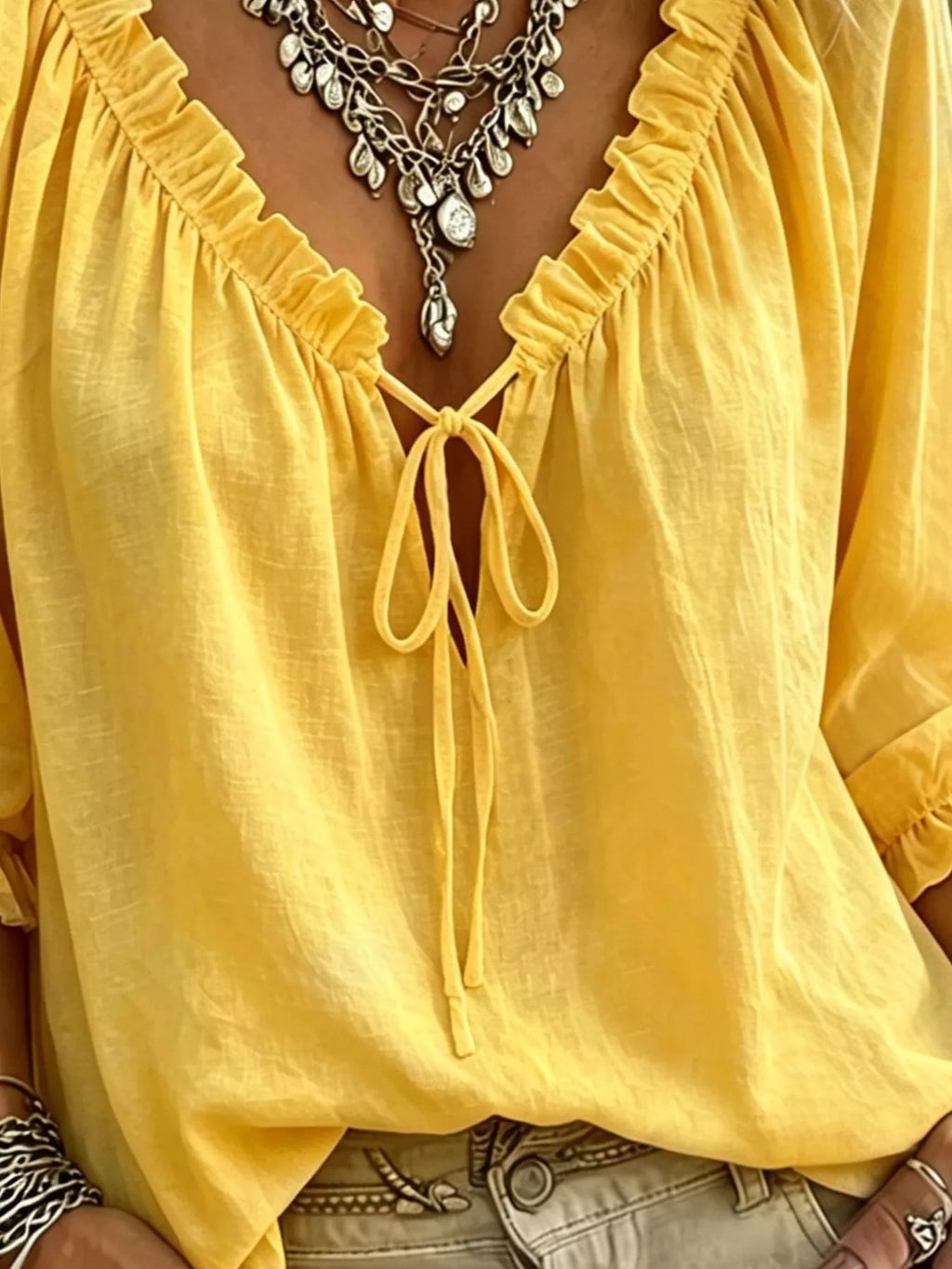 Frill Tie Neck 3/4 Sleeve Blouse