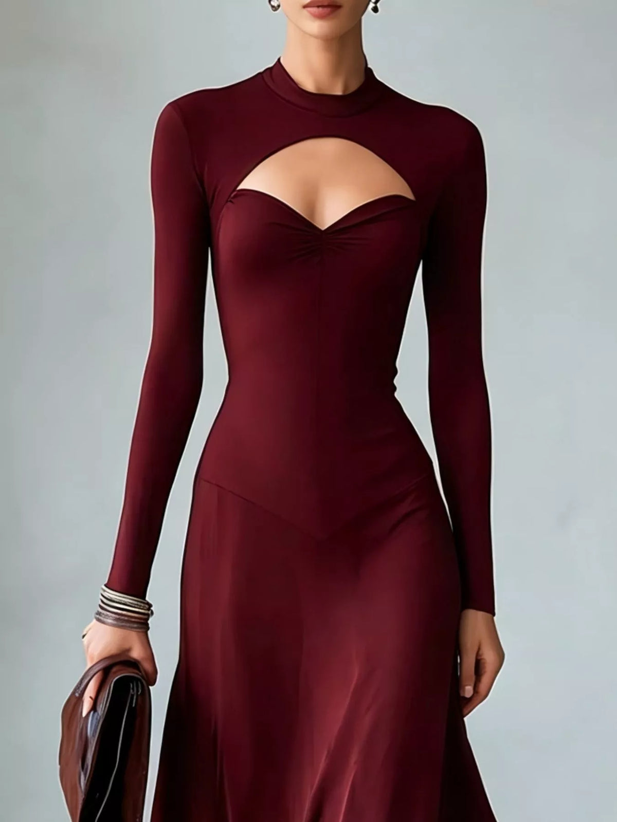 Full Size Mock Neck Cut-Out Long Sleeve Midi Dress Plus Size