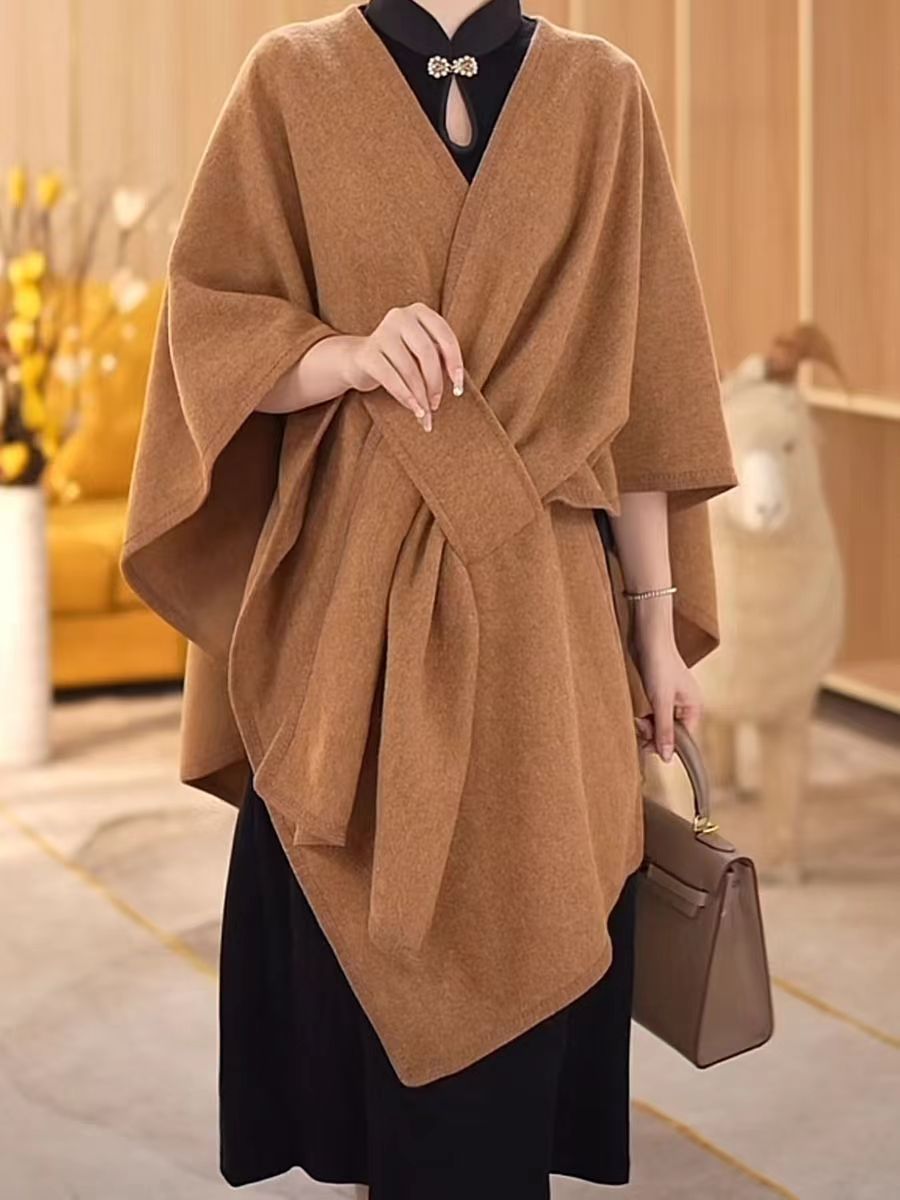 Faux Fur Collar Pom Pom Knitted Cardigan Cape - Women's Warm Winter Shawl Wrap Coat