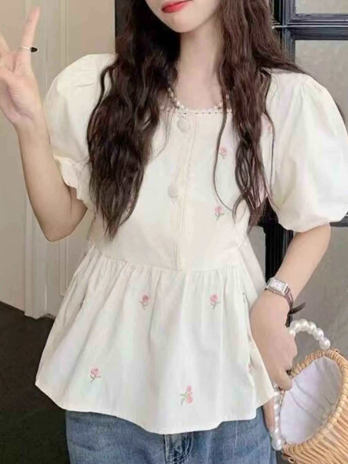 Floral Embroidered Puff Sleeve Peplum Blouse