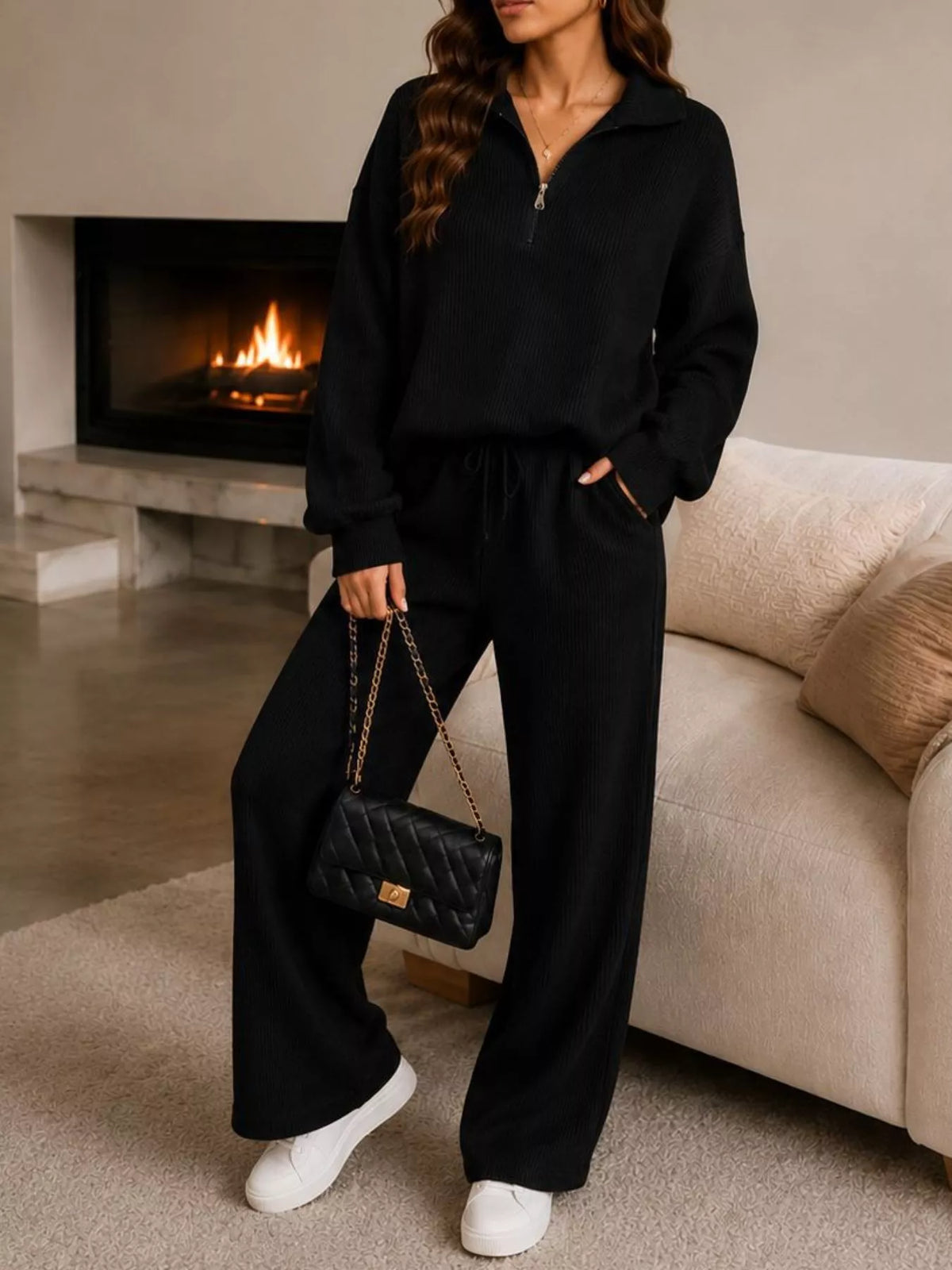 Cozy Ribbed Knit Quarter-Zip Top and Wide-Leg Set