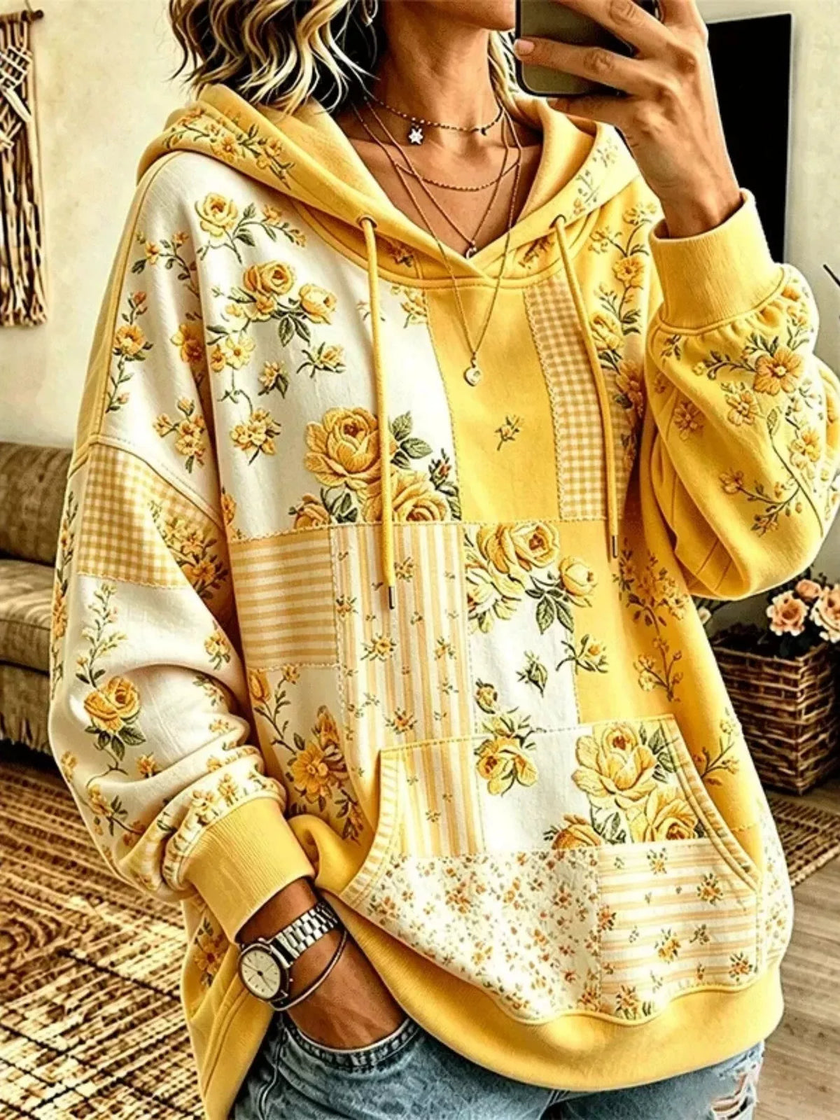 Full Size Drawstring Floral Dropped Shoulder Hoodie Plus Size