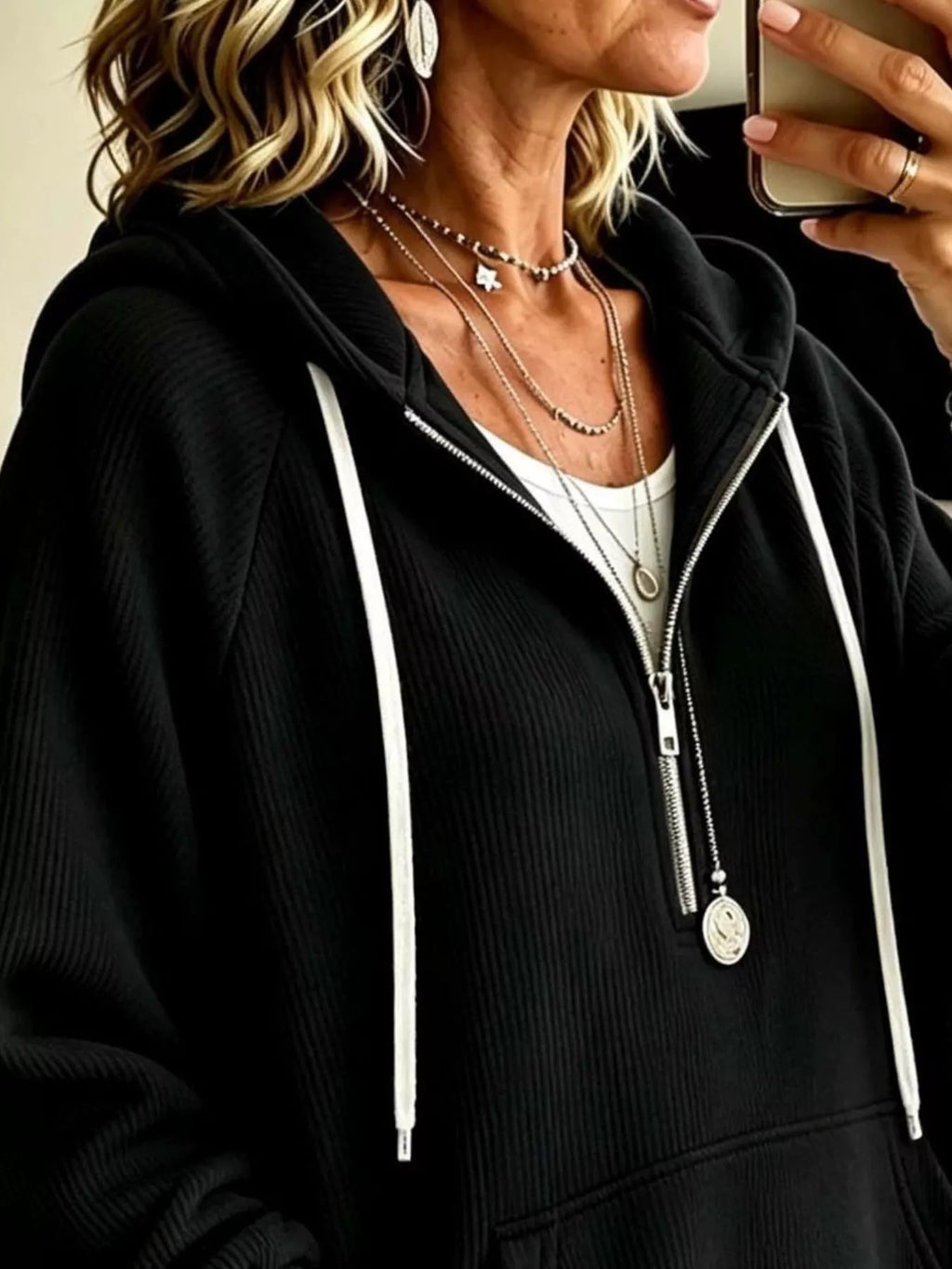 Ribbed Knit Quarter-Zip Hoodie with Kangaroo Pocket
