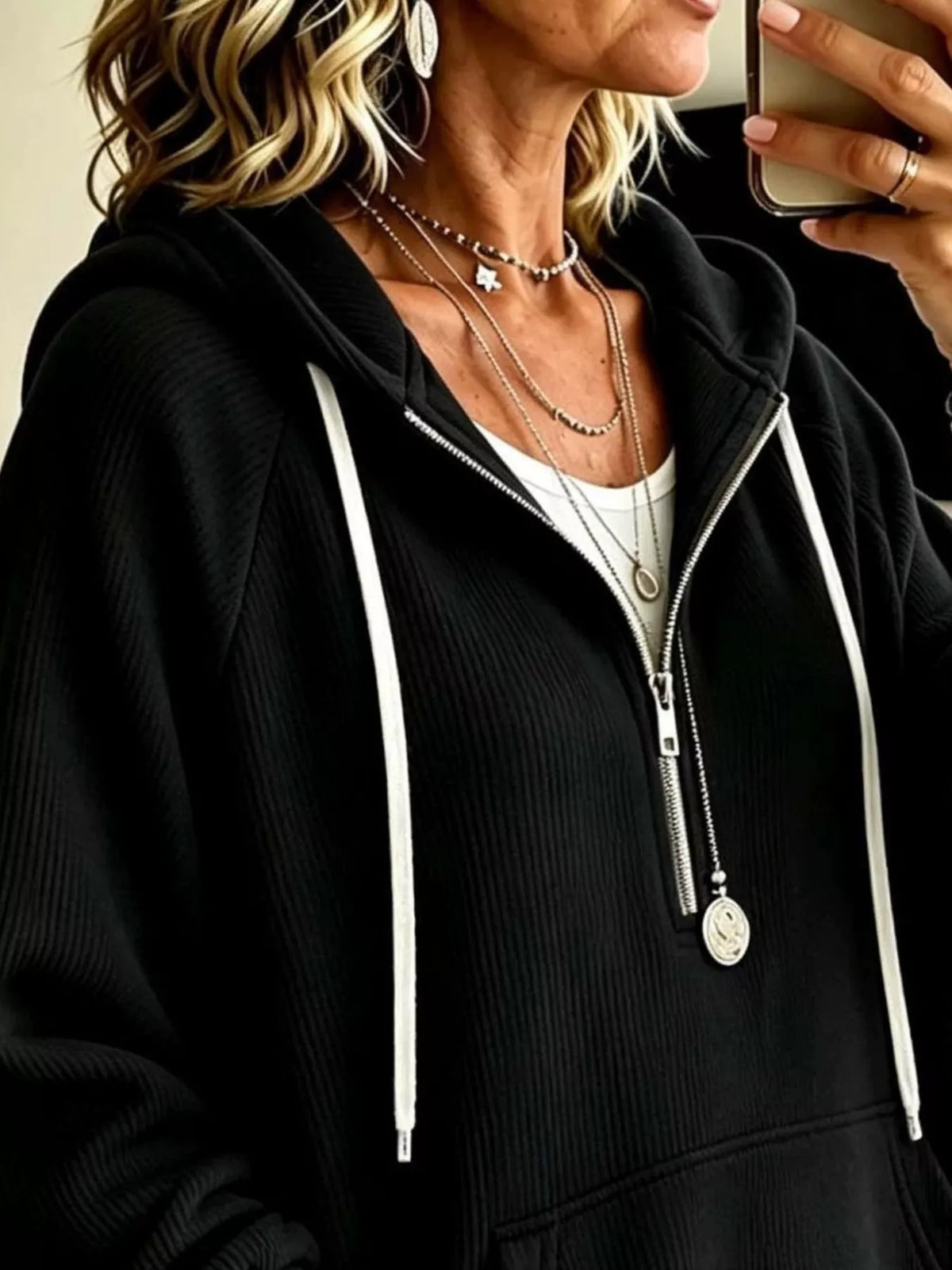 Ribbed Knit Quarter-Zip Hoodie with Kangaroo Pocket