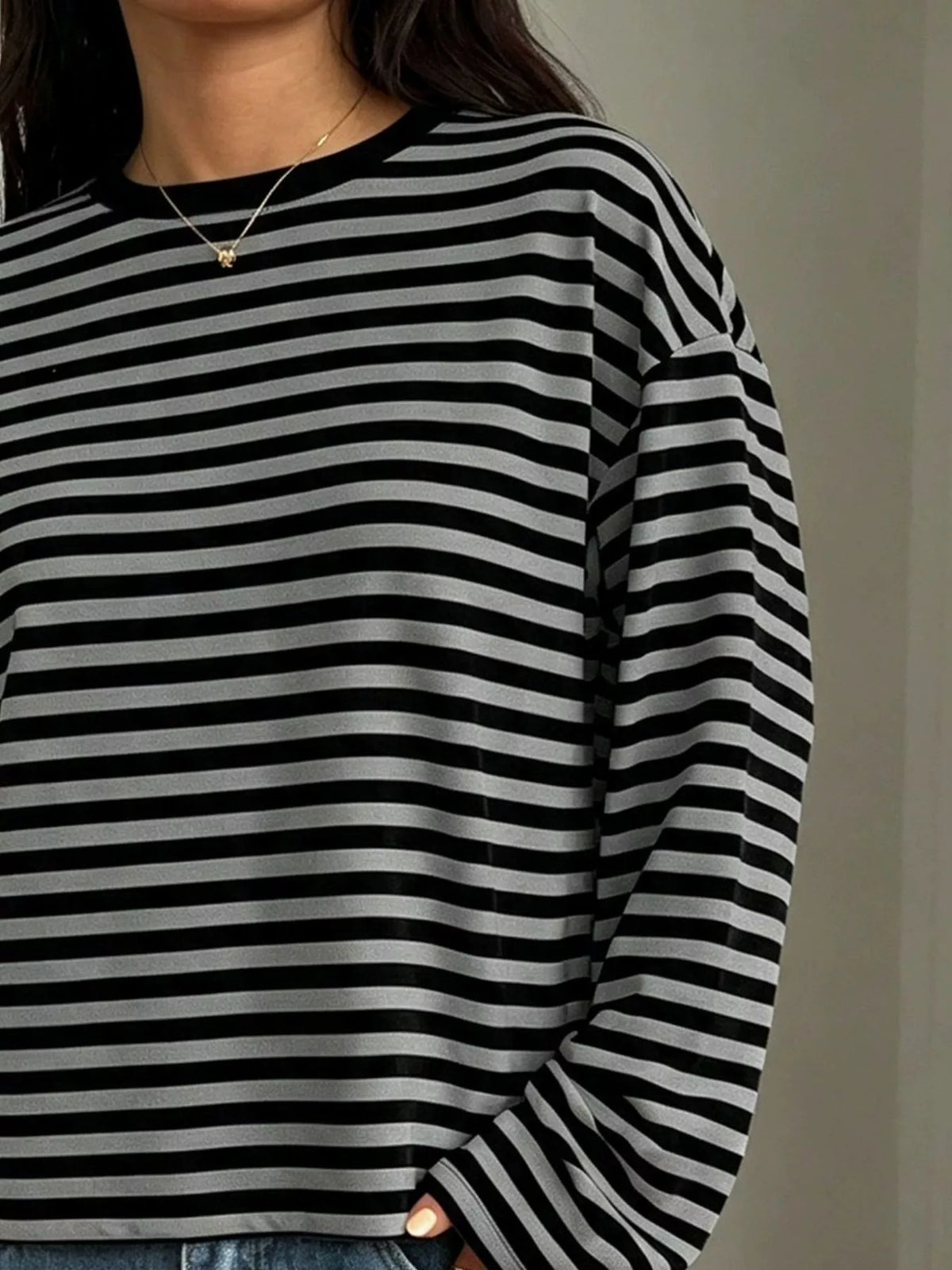 Full Size Casual Long-Sleeve Striped Crew Neck T-Shirt Plus Size