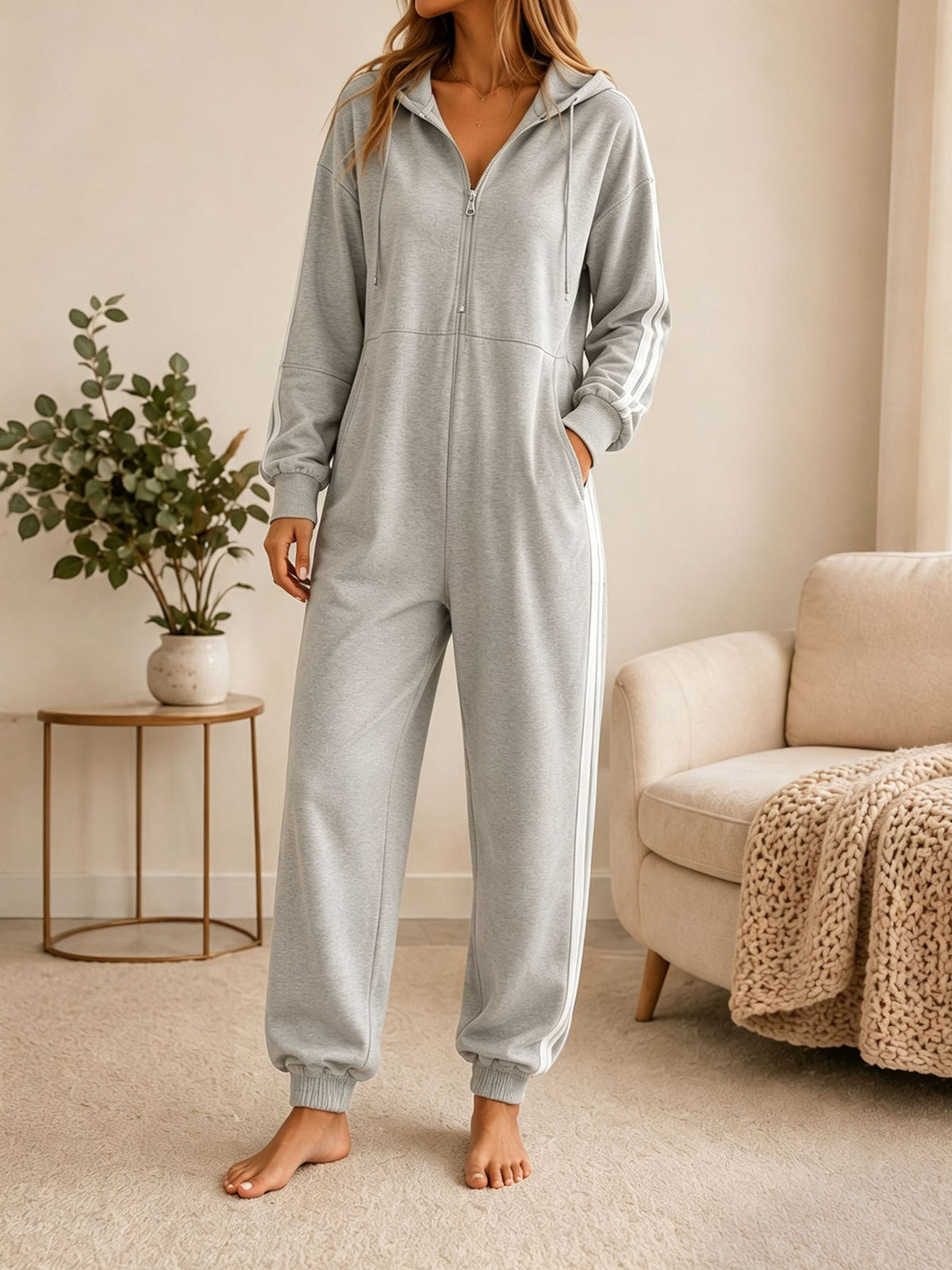 Women's Loose-fitting Hooded Zip-up Jumpsuit