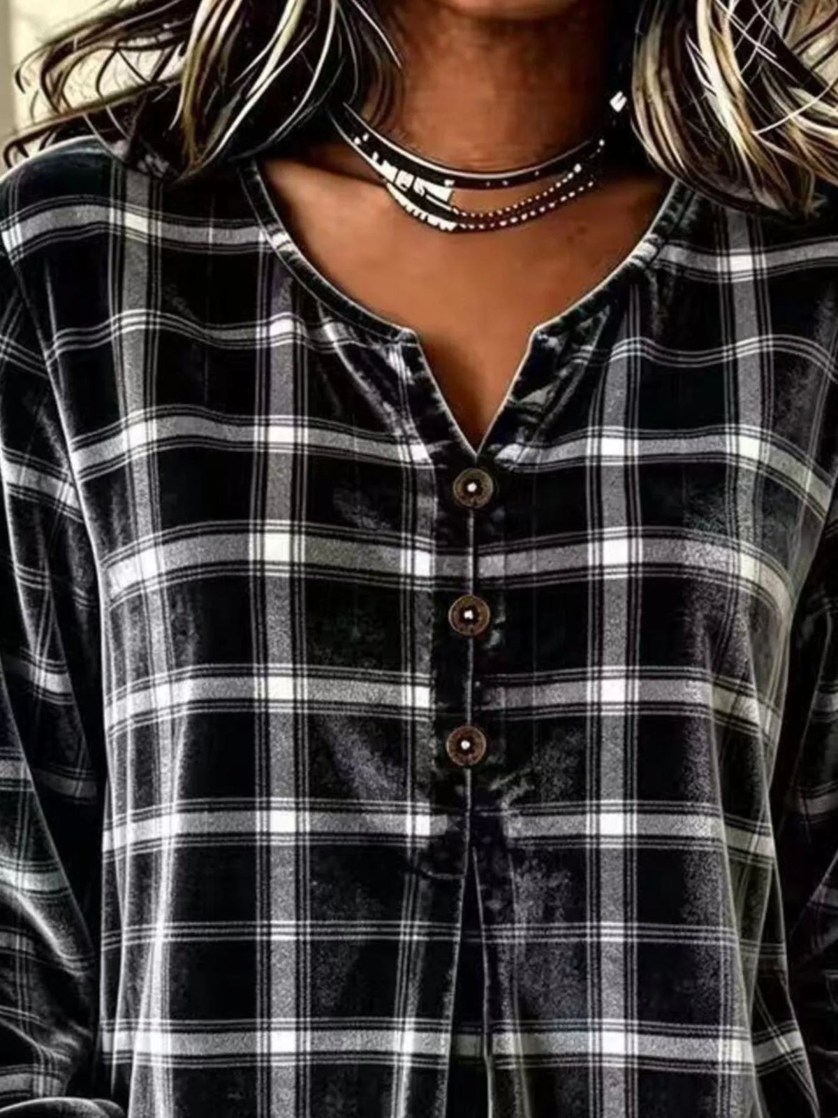 Full Size Plaid Velvet Flounce Sleeve Blouse Plus Size