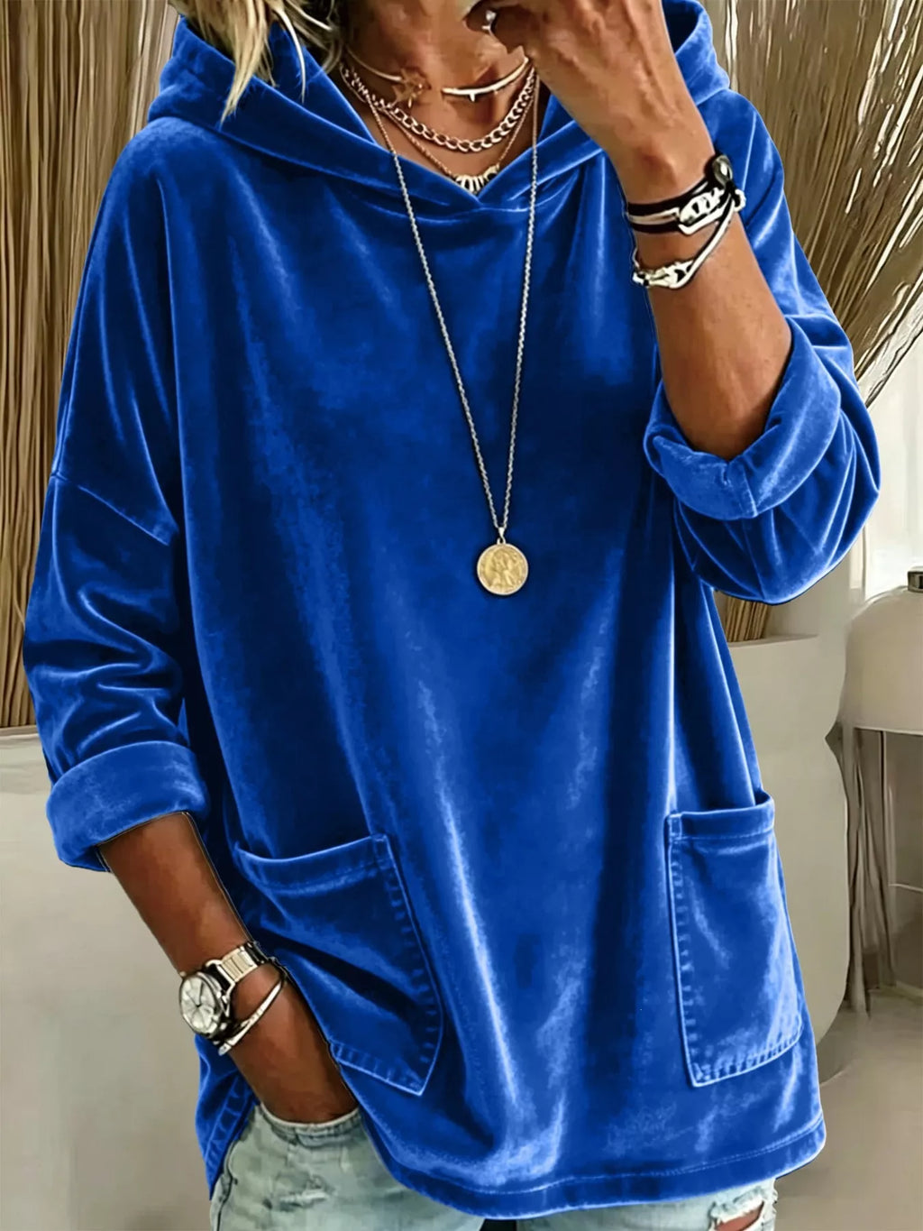 Full Size Velvet Long Sleeve Hoodie with Front Pockets Plus Size