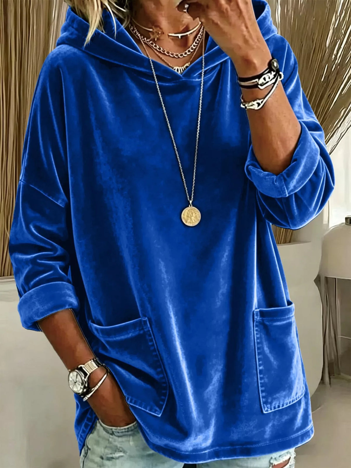 Full Size Velvet Long Sleeve Hoodie with Front Pockets Plus Size