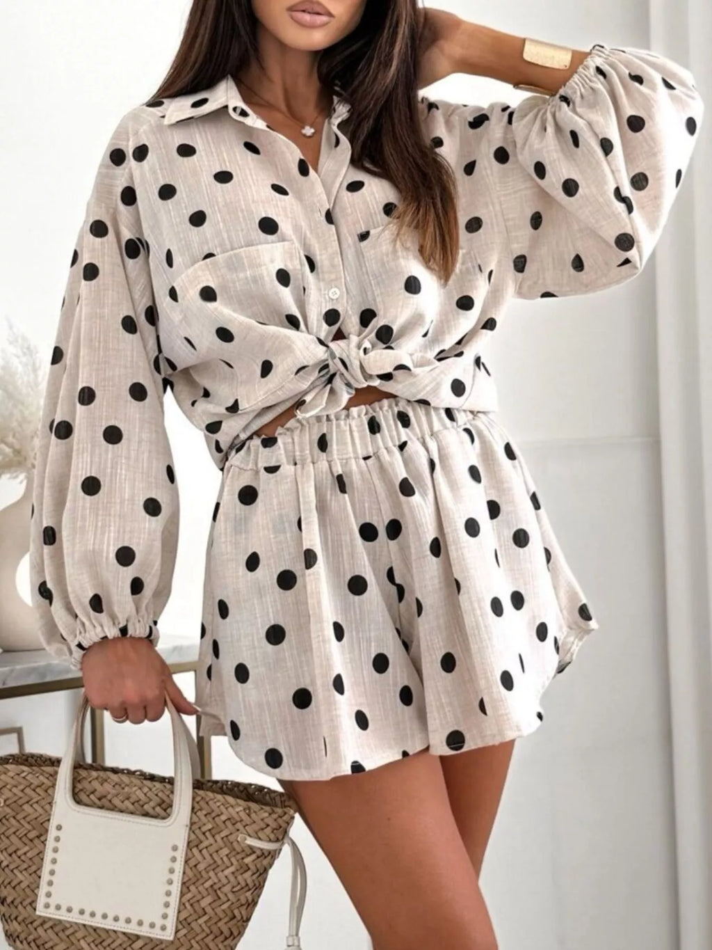 Long Sleeve Shirt and High-Waisted Shorts Set