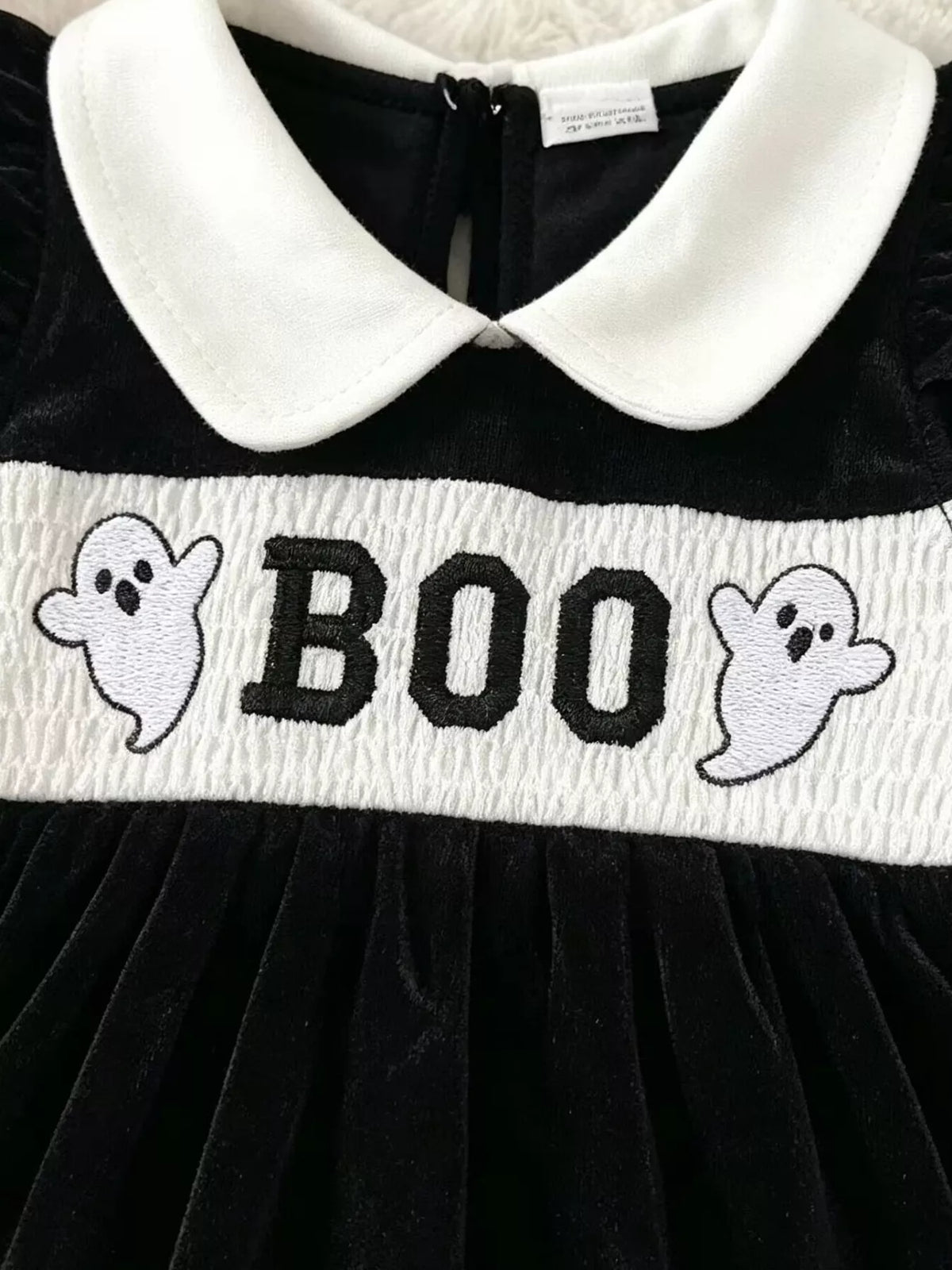 Children's Halloween 'BOO' Ghost Velvet Bodysuit Dress and Bow Headband Set
