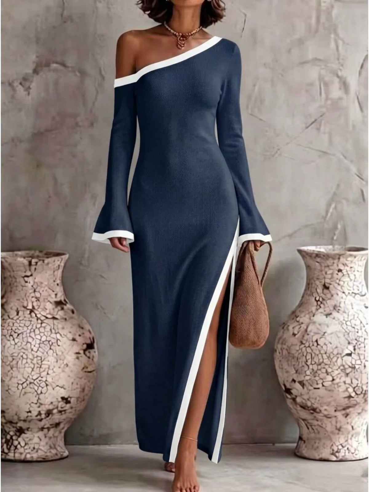 Slit One-Shoulder Contrast Trim Maxi Dress