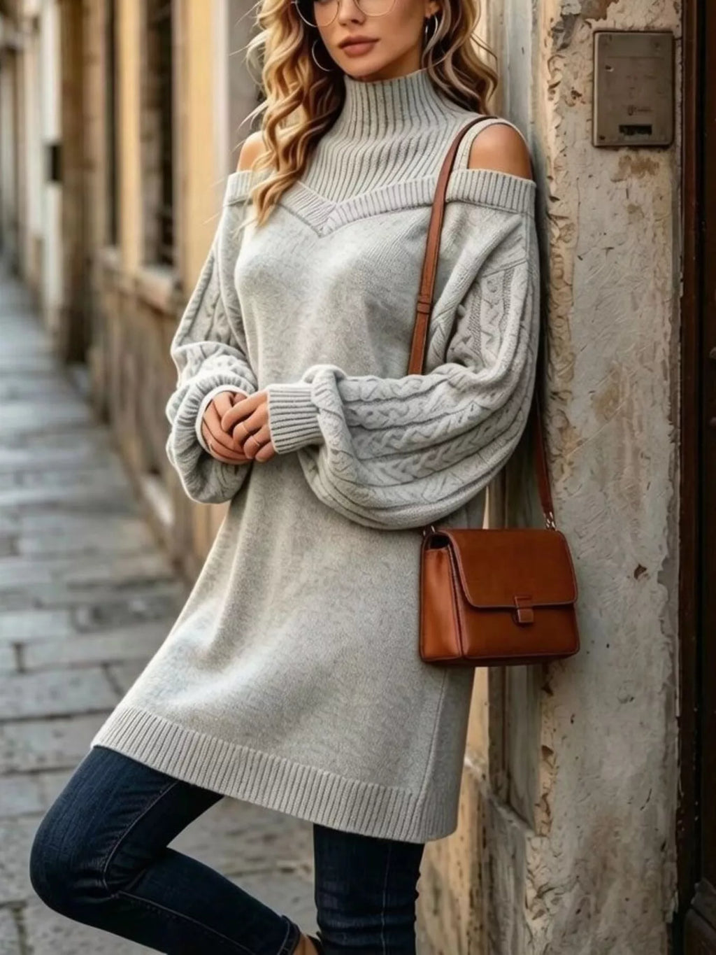 Full Size Cold-Shoulder Cable Knit Turtleneck Oversize Sweater Plus Size