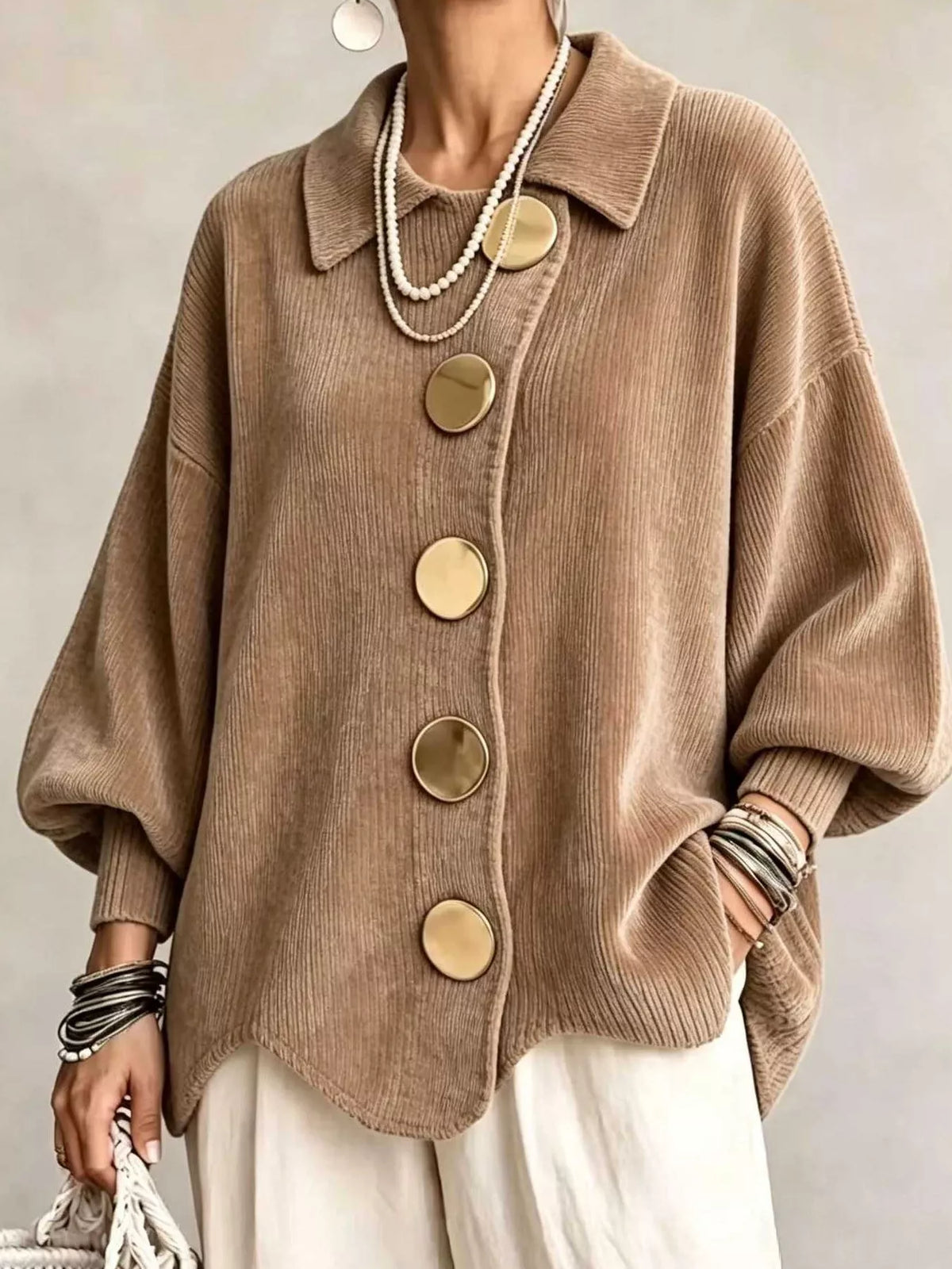 Full Size Ribbed Knit Gold Buttons Cardigan Plus Size
