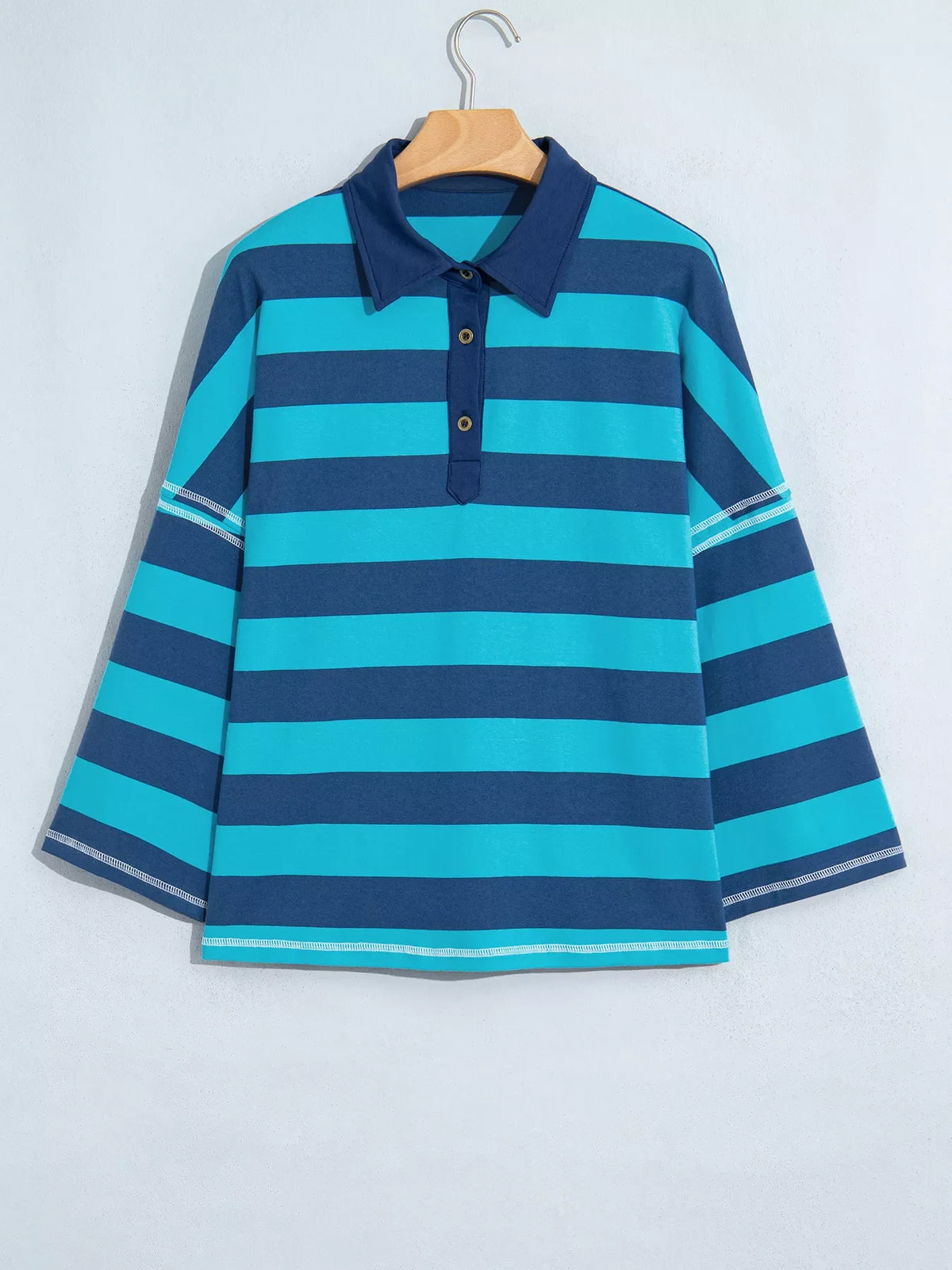 Stripe Contrast Polo Collar Bracelet Sleeve Loose Top