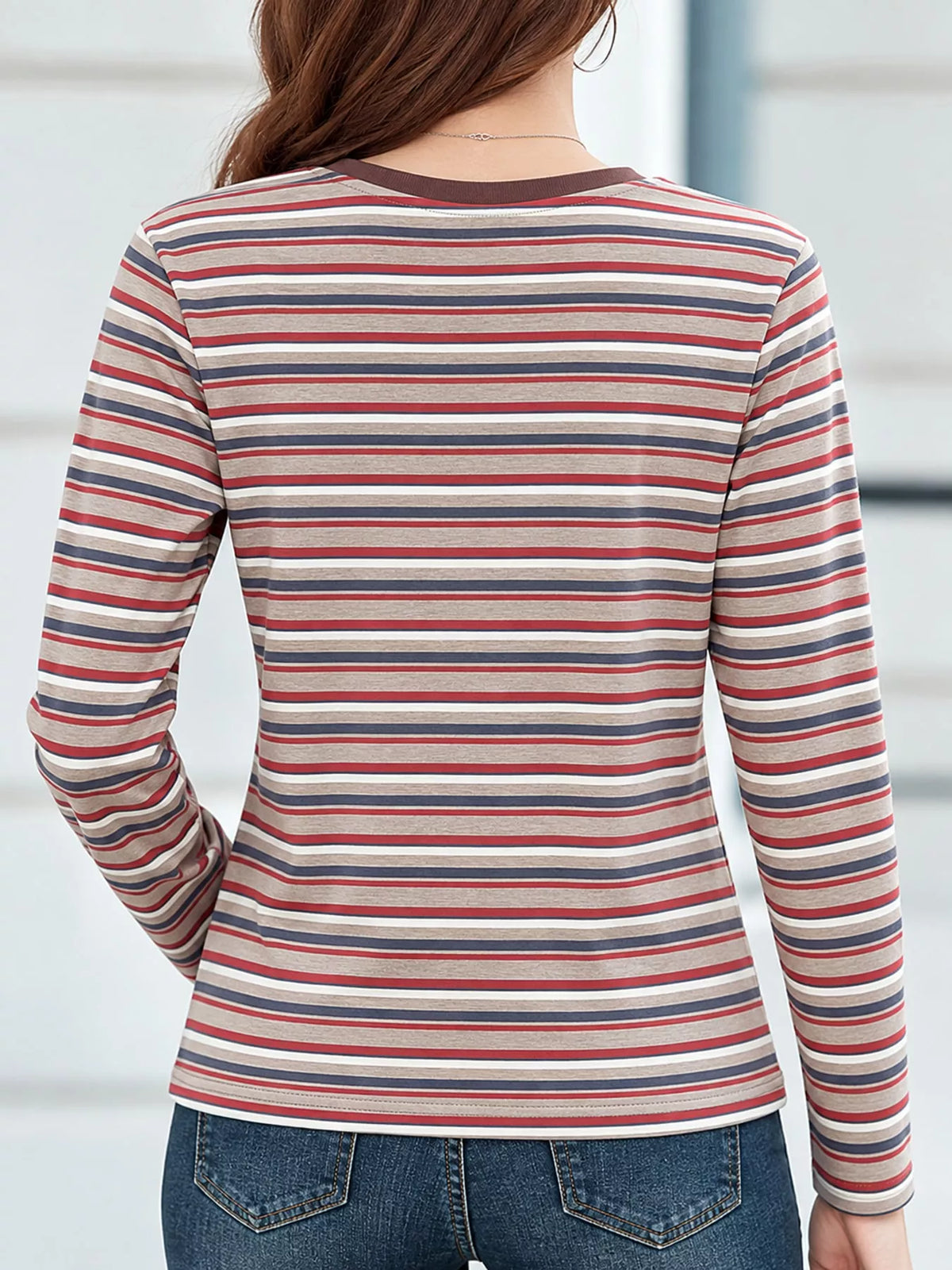 Full Size Long Sleeve Striped Crew Neck Casual T-Shirt Plus Size