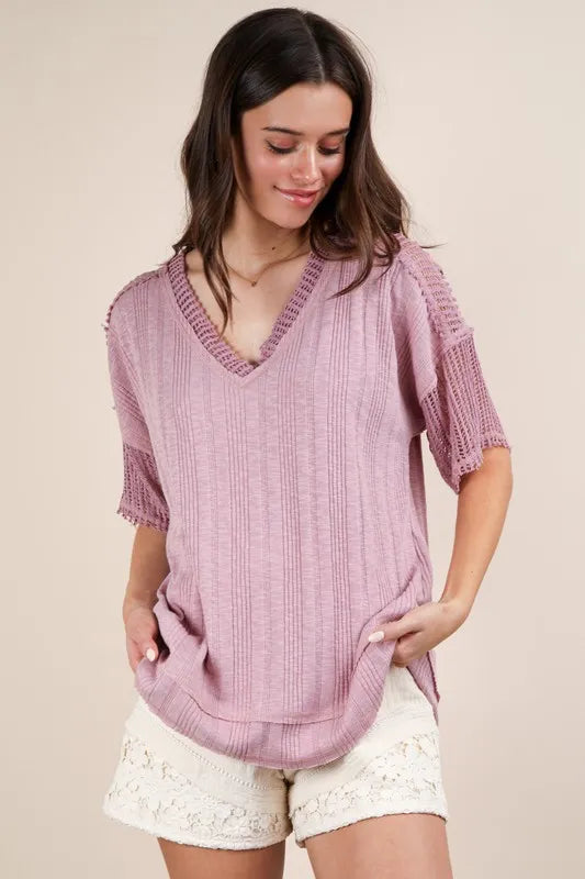 VERY J Oversized Contrast Knit Comfy Casual Top