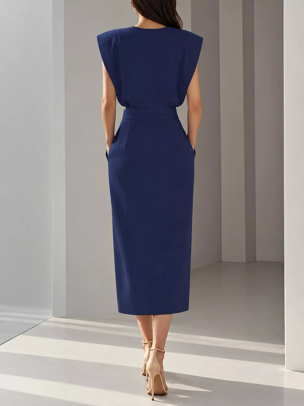 Sleeveless Midi Dress with Gold Button Detail and Side Slit