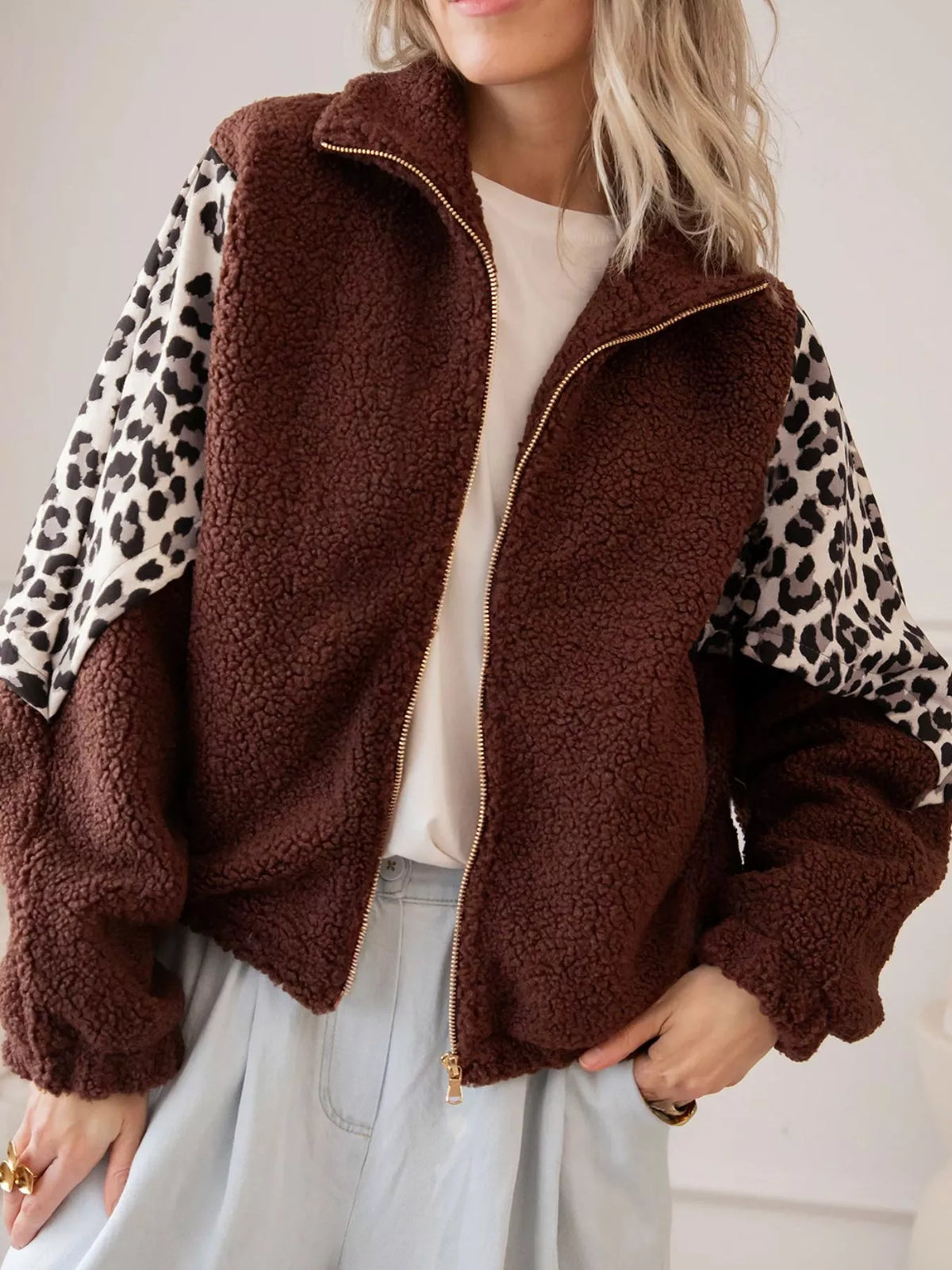 Leopard Patchwork Fleece Western Style Zip-up Collar Jacket