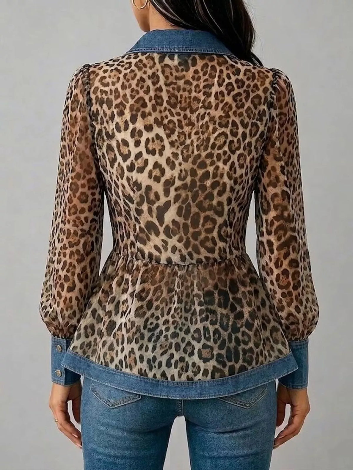 Denim Contrast Trim Leopard Shirt
