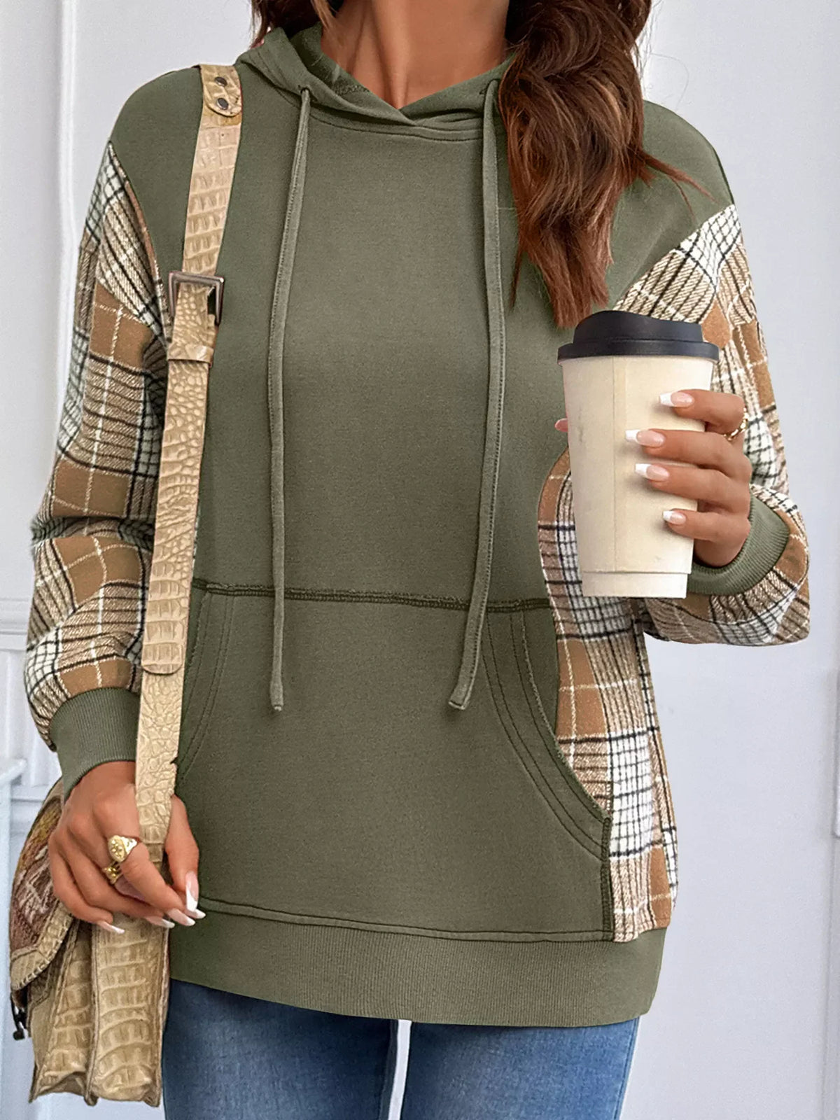 Plaid Sleeve Drawstring Pocket Hoodie