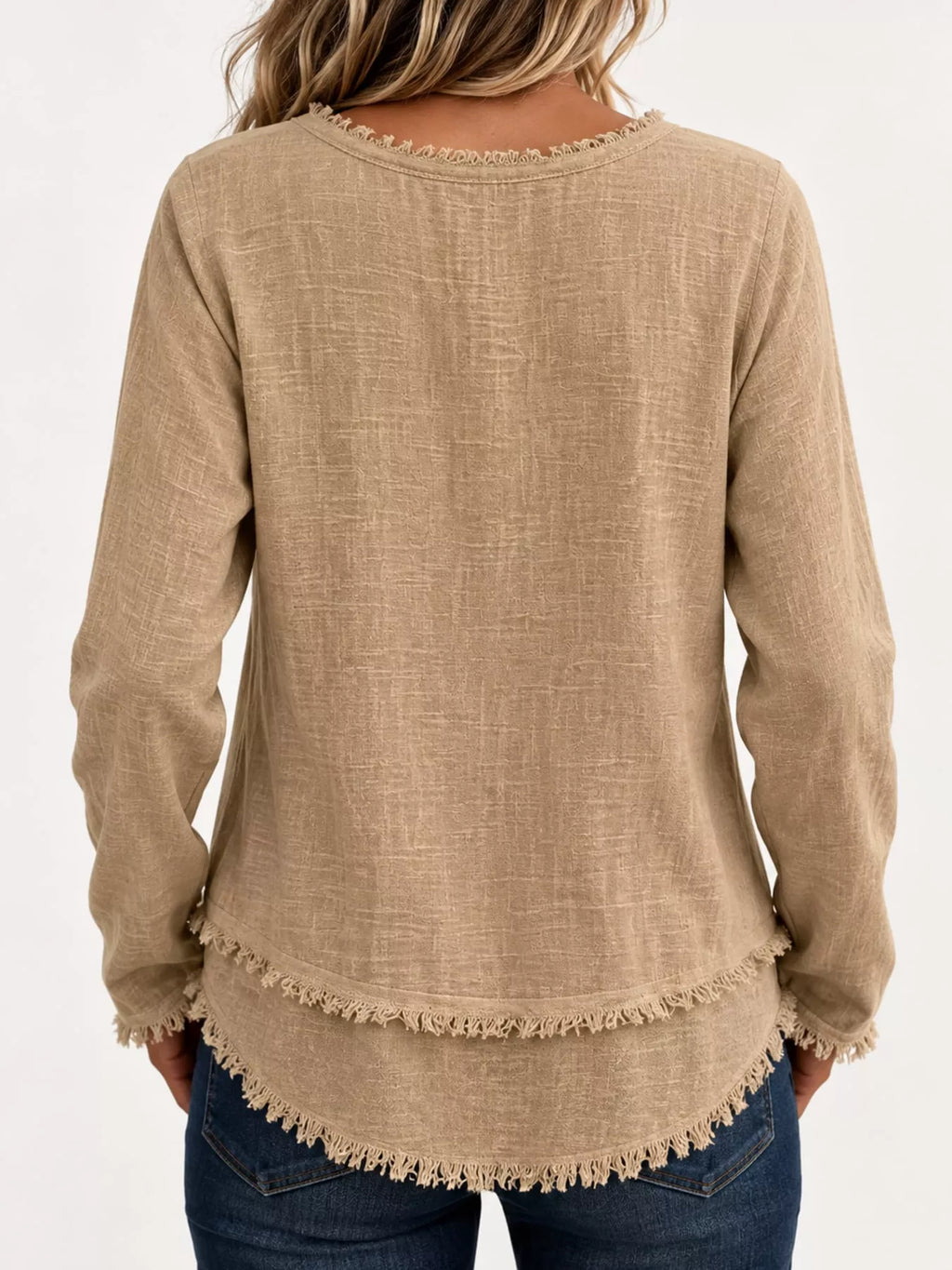Full Size Frayed Hem V-Neck Long Sleeve Blouse Plus Size