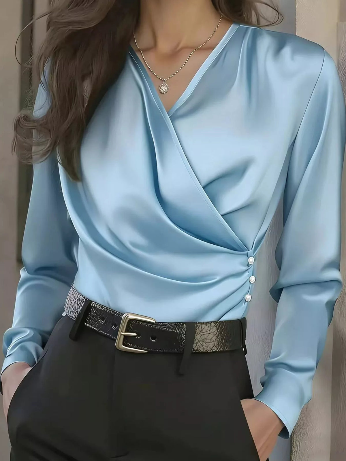 Satin Surplice Long Sleeve Blouse