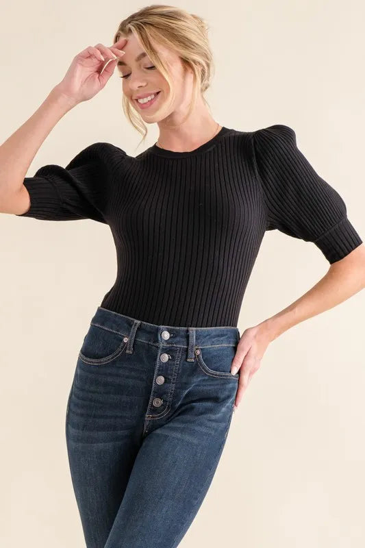 Black Ribbed Bodysuit with Puffed Half Sleeves