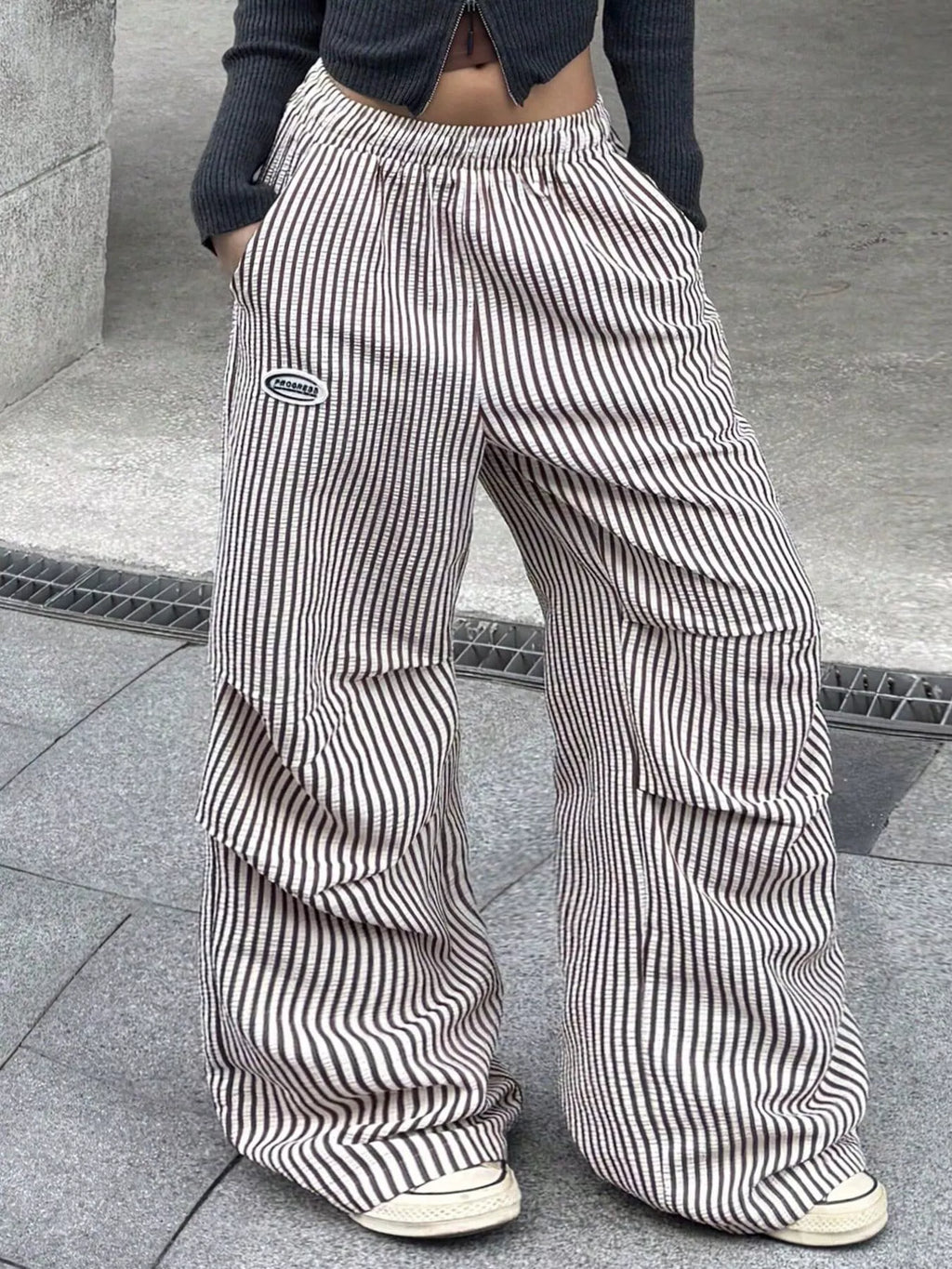 High-Waisted Striped Wide-Leg Cargo Pants with Drawstring