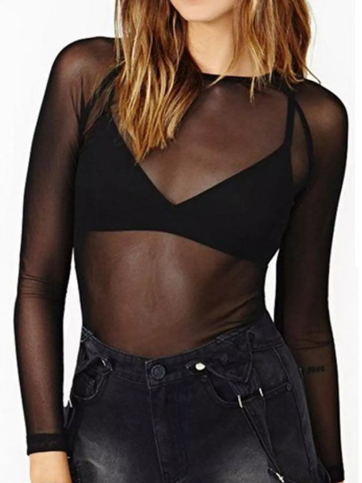 Full Size Sheer Mesh Long Sleeve Top Plus Size