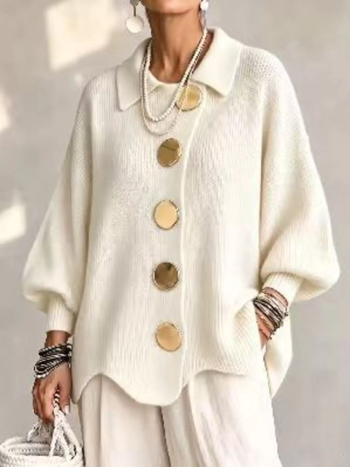 Full Size Gold Buttons Lantern Sleeve Cardigan Plus Size