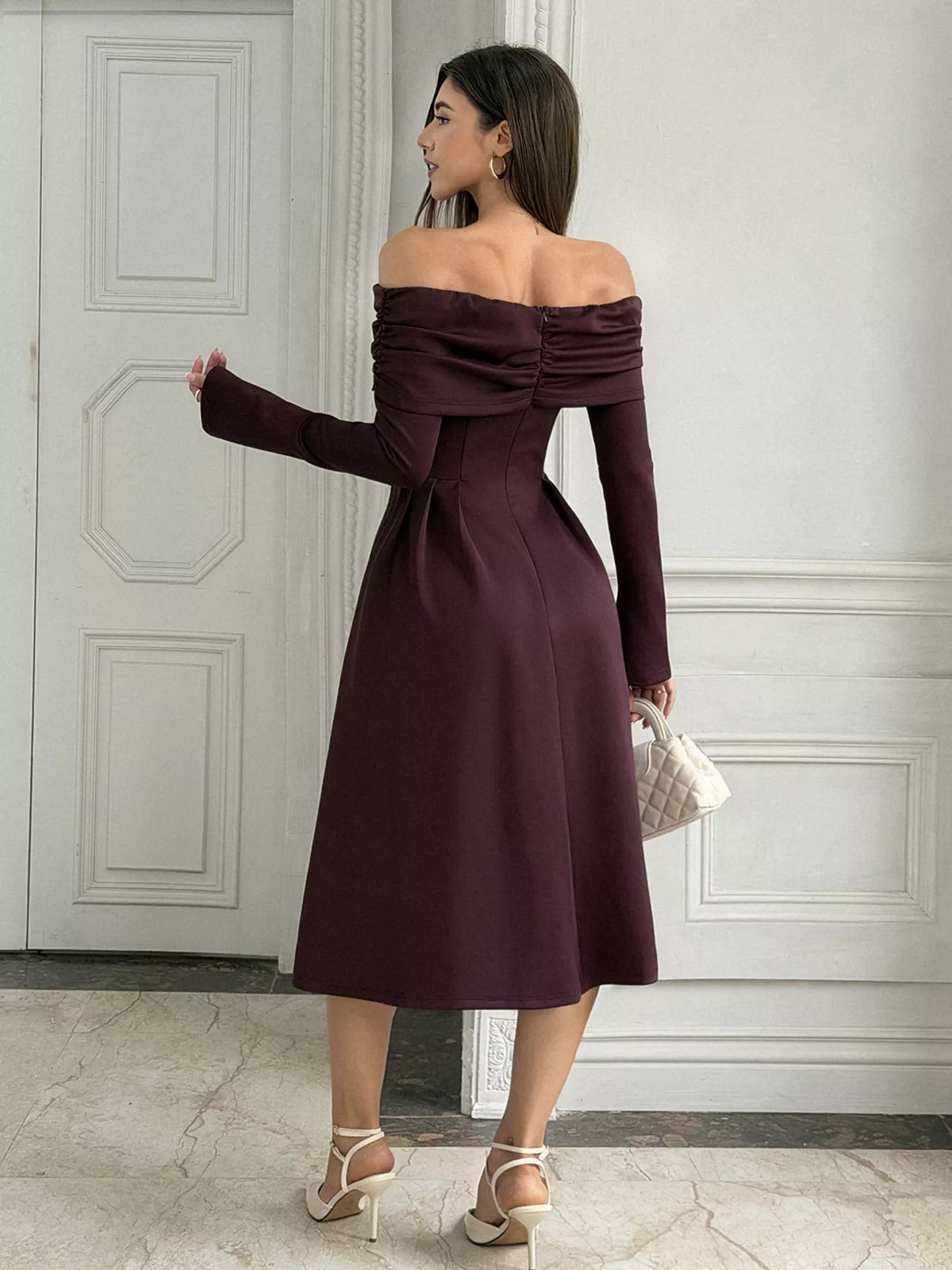 Off-Shoulder Long Sleeve Midi Dress