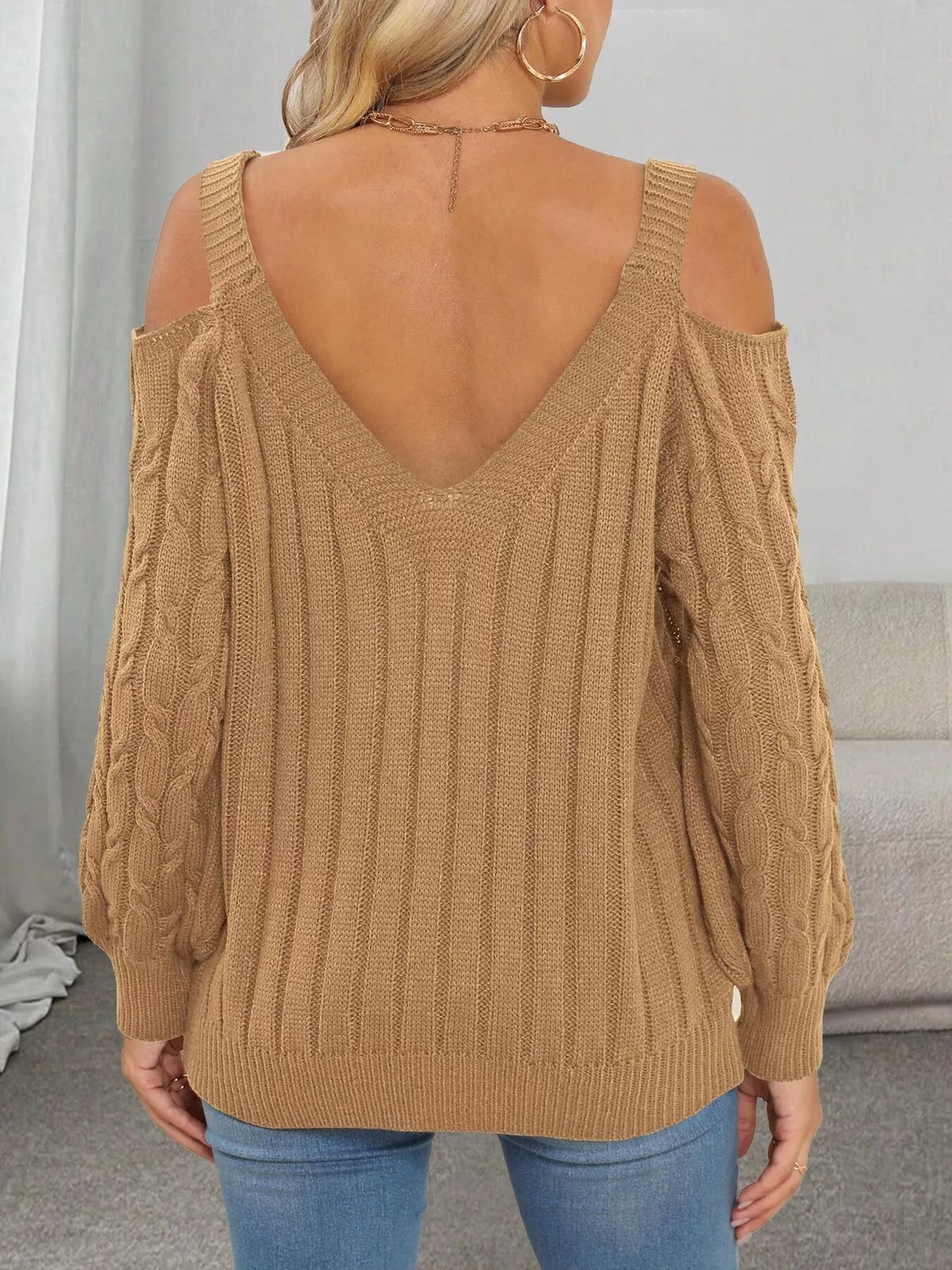 Floral Applique Cold Shoulder Cable Knit Sweater