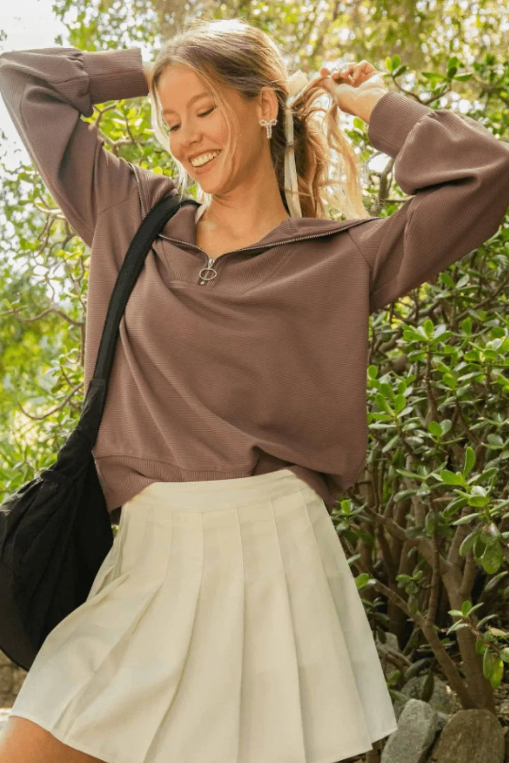 Ribbed Knit Half-Zip Sweatshirt with Long Sleeves