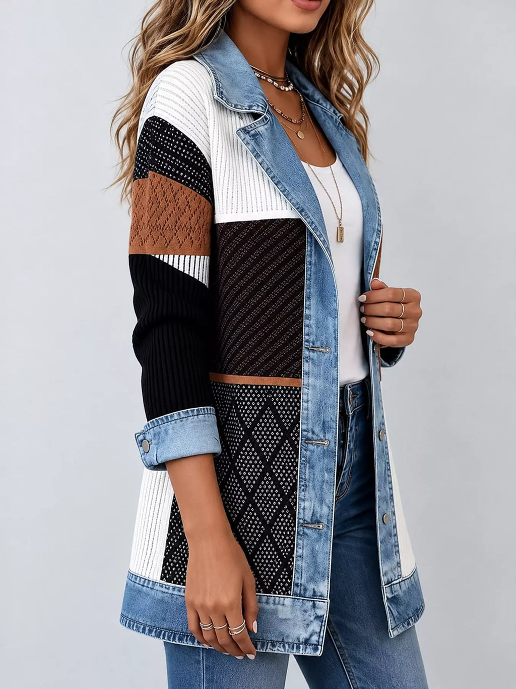Full Size Denim Trim Ribbed Knit Cardigan Plus Size